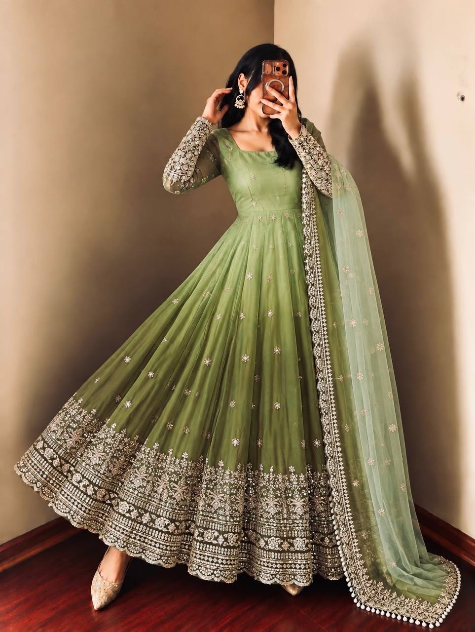 Pista Green Georgette Embroidered Anarkali Suit Set with Dupatta