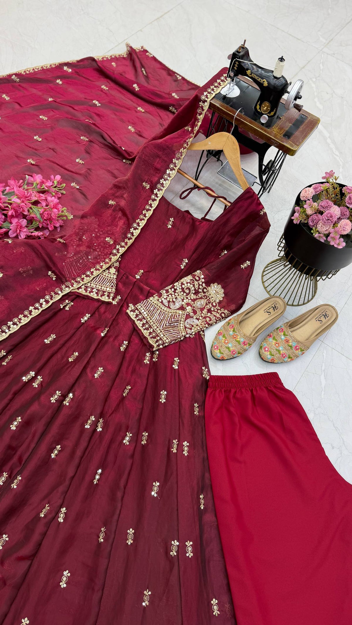 Wine Maroon Fendy Silk Sequence Embroidered Anarkali Gown Set with Dupatta