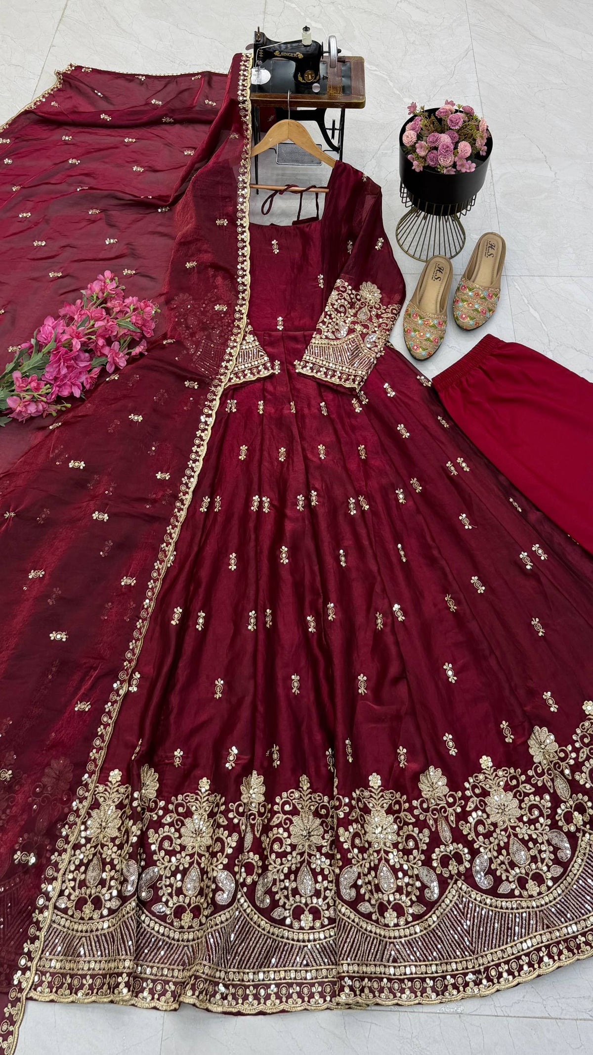 Wine Maroon Fendy Silk Sequence Embroidered Anarkali Gown Set with Dupatta