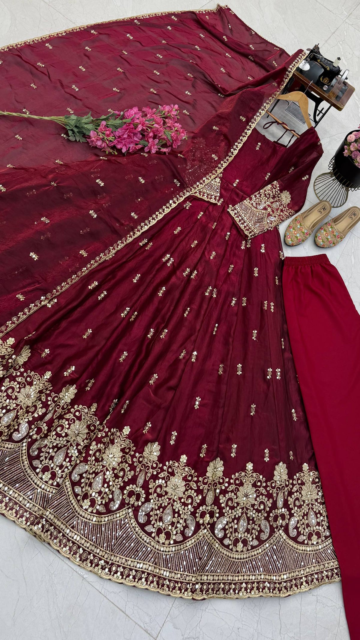 Wine Maroon Fendy Silk Sequence Embroidered Anarkali Gown Set with Dupatta