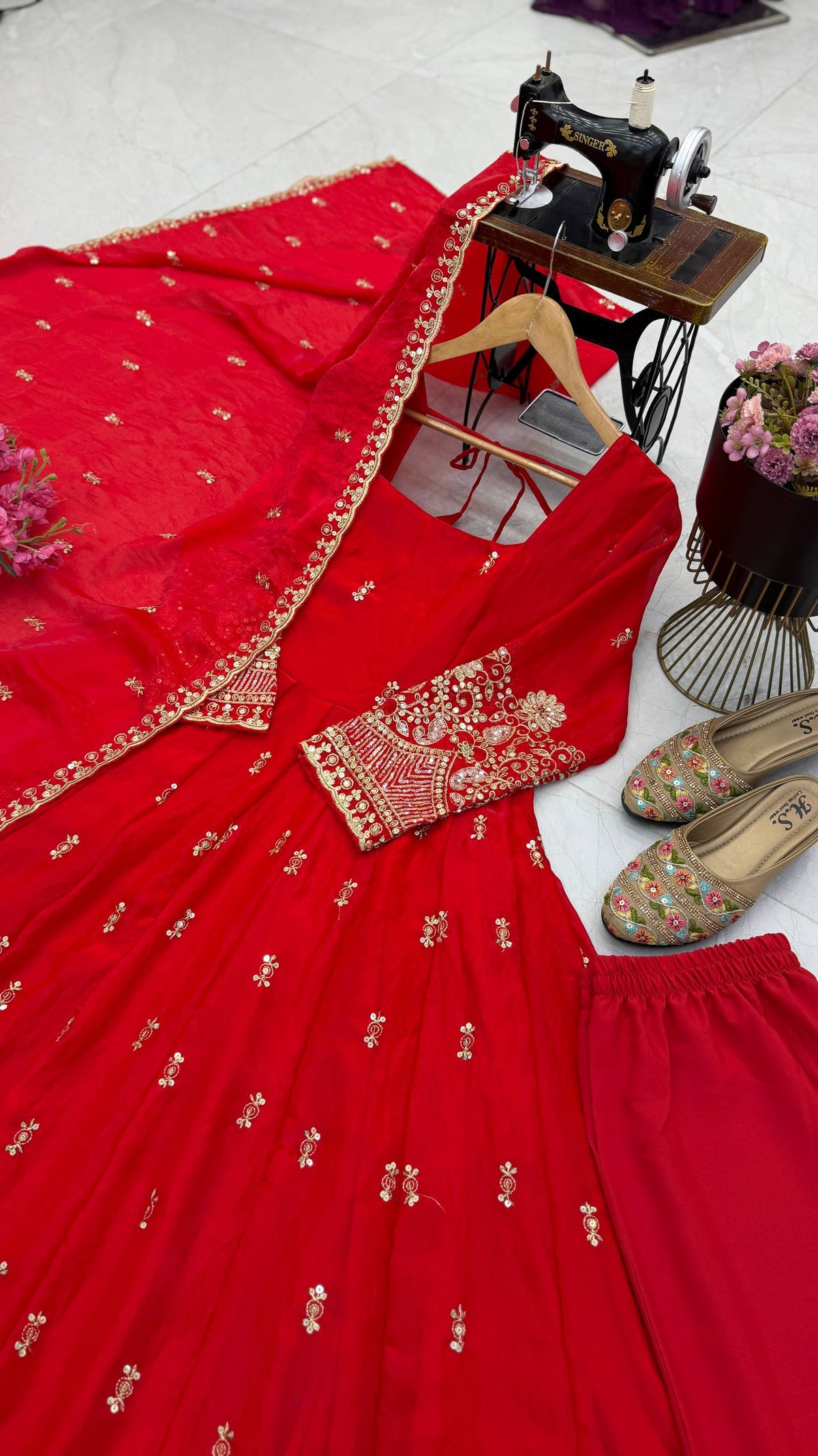 Ruby Red Fendy Silk Embroidered Anarkali Gown Suit Set with Dupatta