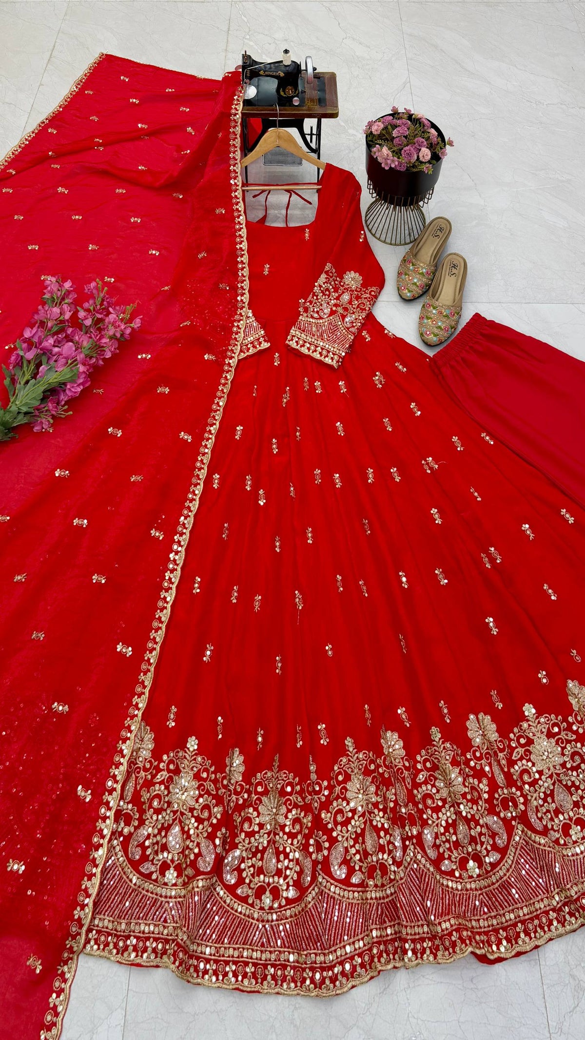 Ruby Red Fendy Silk Embroidered Anarkali Gown Suit Set with Dupatta
