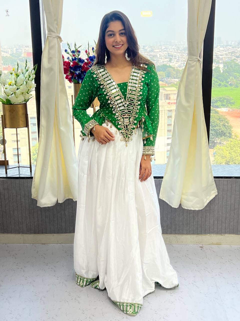 Emerald Green Georgette Side-Cut Kurti with White Chinon Lehenga Set