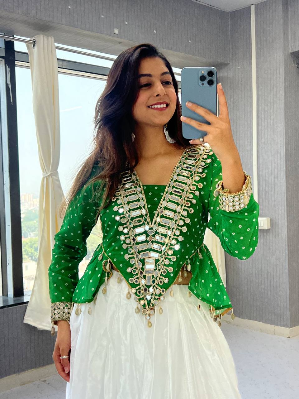 Emerald Green Georgette Side-Cut Kurti with White Chinon Lehenga Set