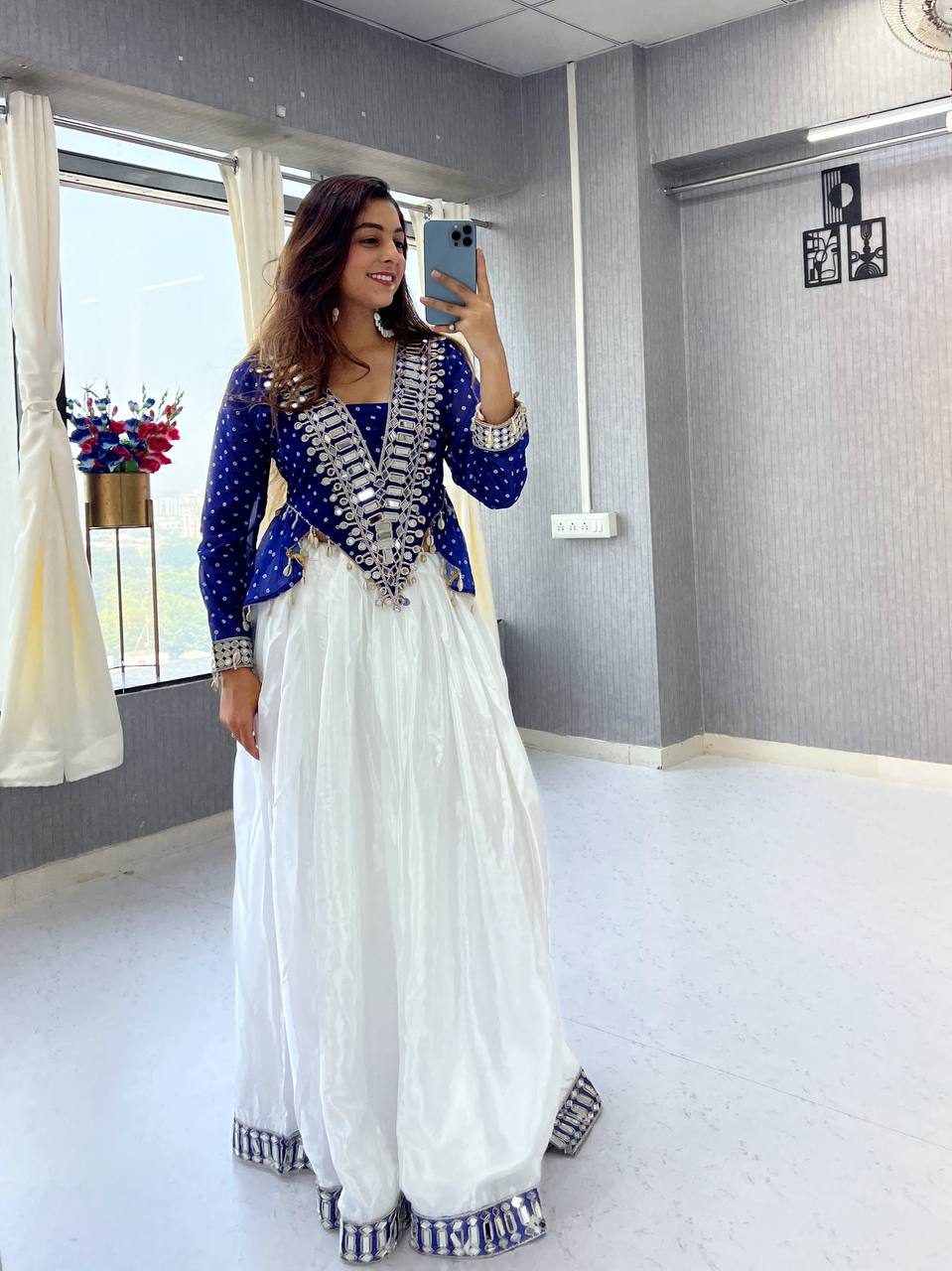 Royal Blue Georgette Side-Cut Kurti with White Chinon Lehenga Set