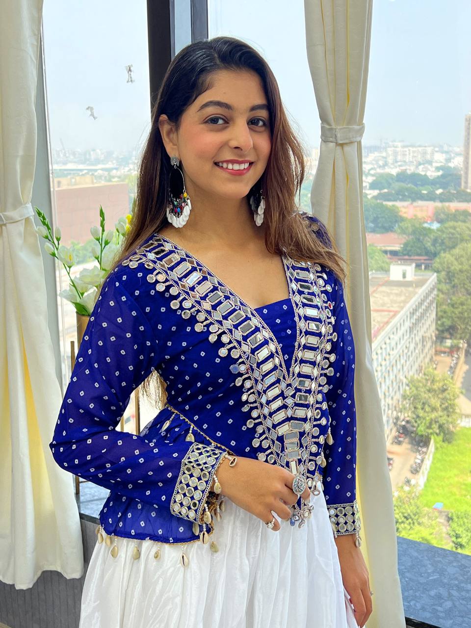 Royal Blue Georgette Side-Cut Kurti with White Chinon Lehenga Set