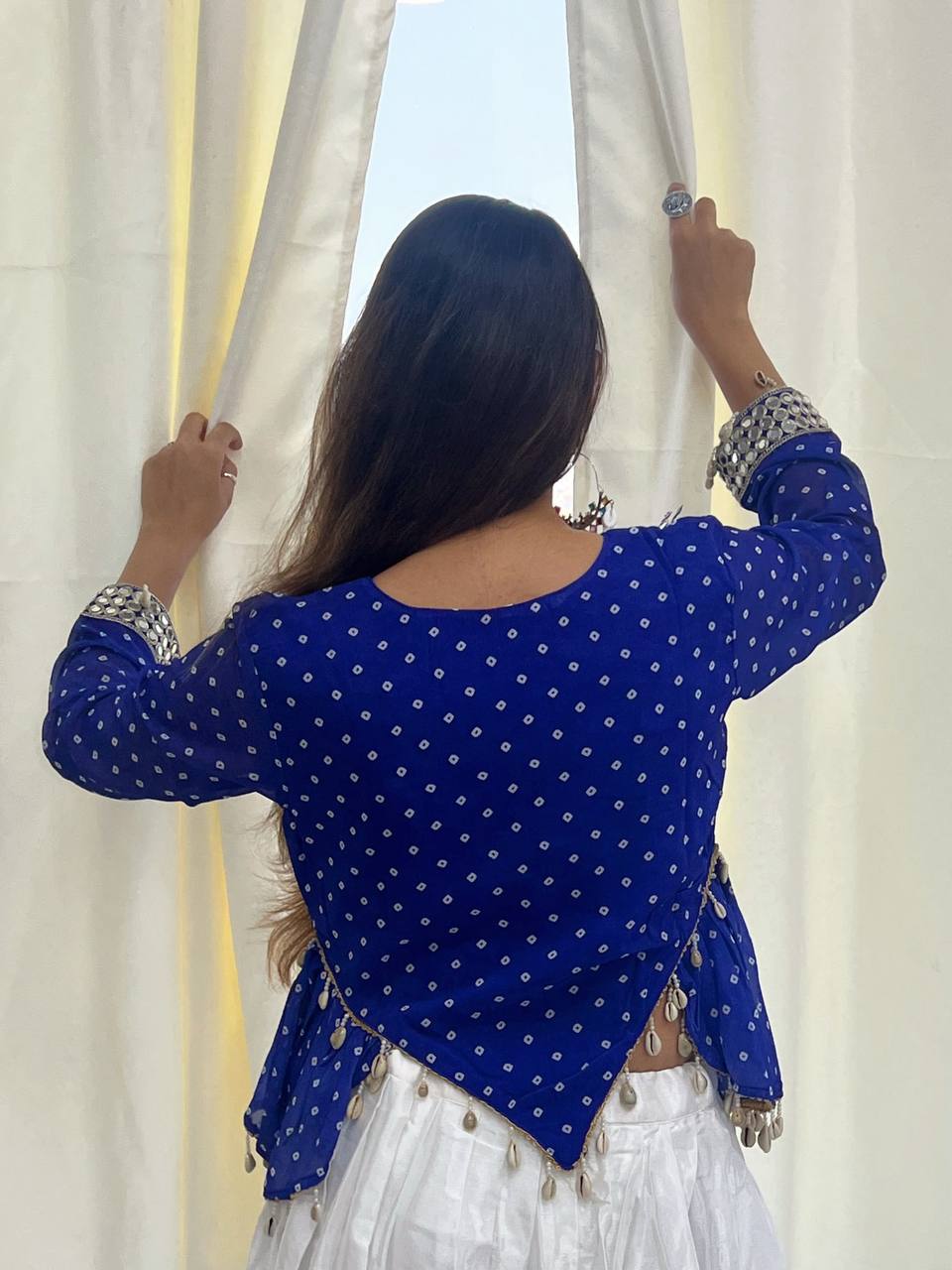 Royal Blue Georgette Side-Cut Kurti with White Chinon Lehenga Set