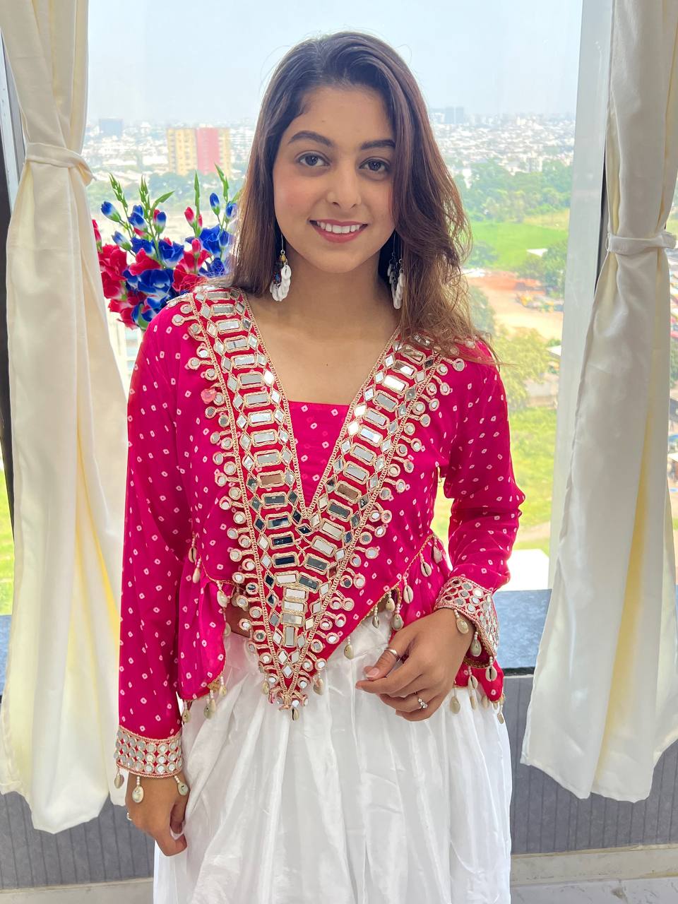 Hot Pink Georgette Side-Cut Kurti with White Chinon Lehenga Set