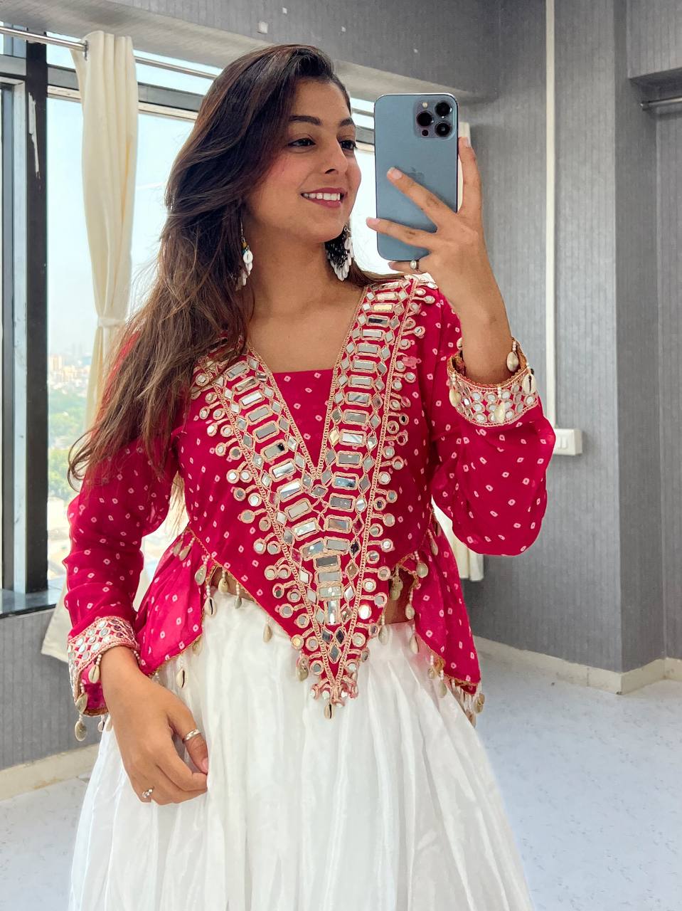 Hot Pink Georgette Side-Cut Kurti with White Chinon Lehenga Set