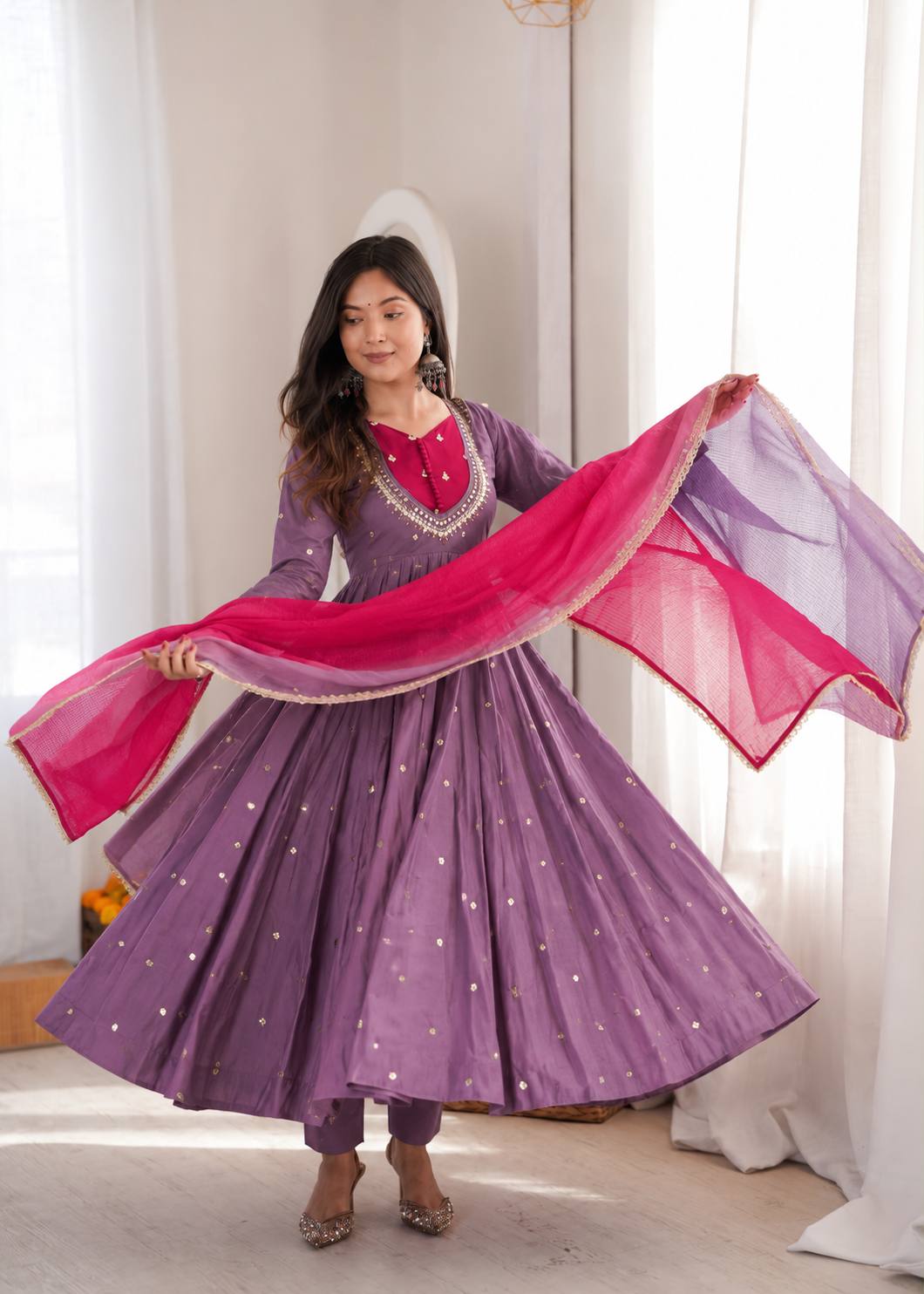 Wine Purple Roman Silk Embroidered Anarkali Gown Set with Mirror Work & Kota Dupatta