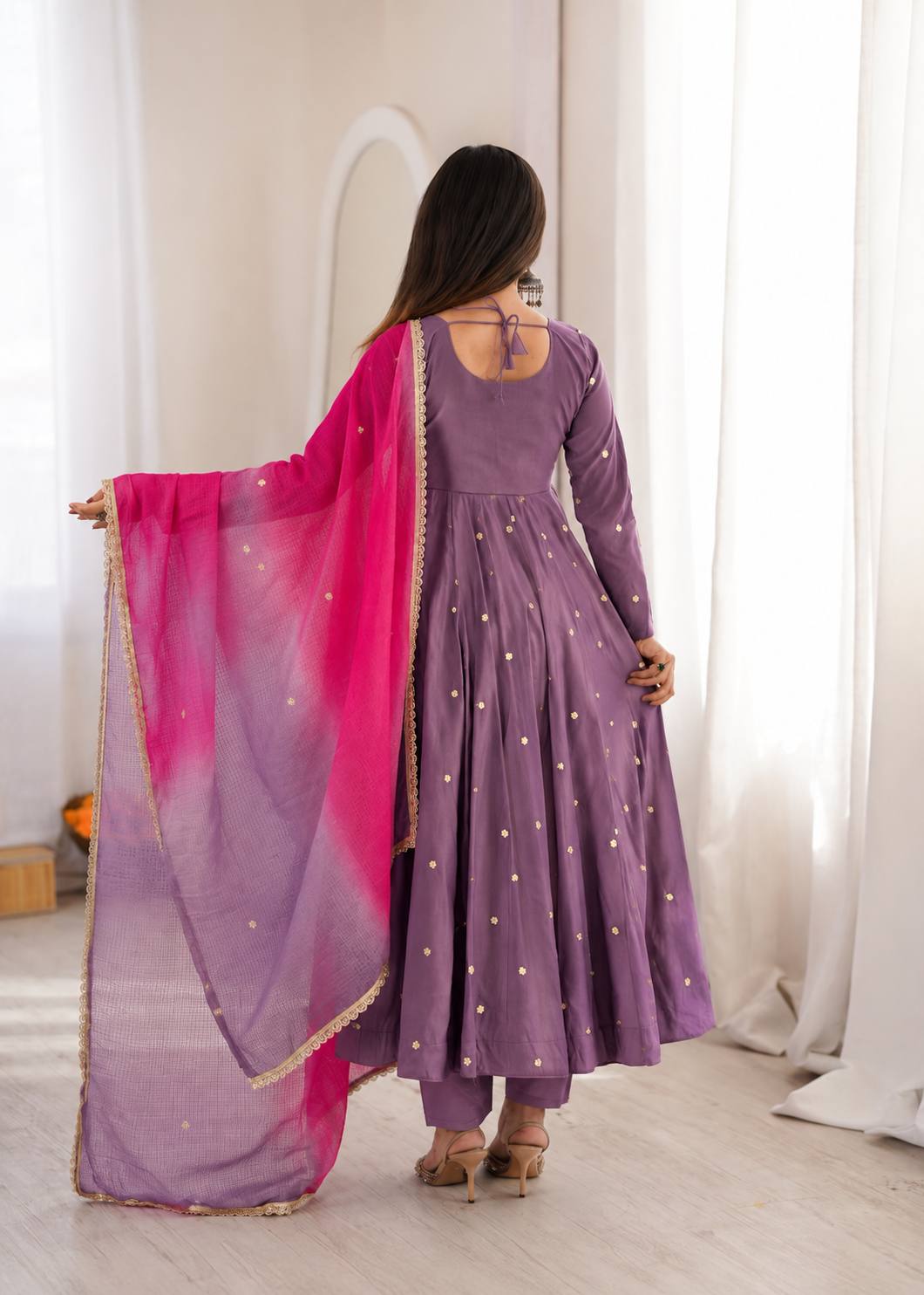 Wine Purple Roman Silk Embroidered Anarkali Gown Set with Mirror Work & Kota Dupatta