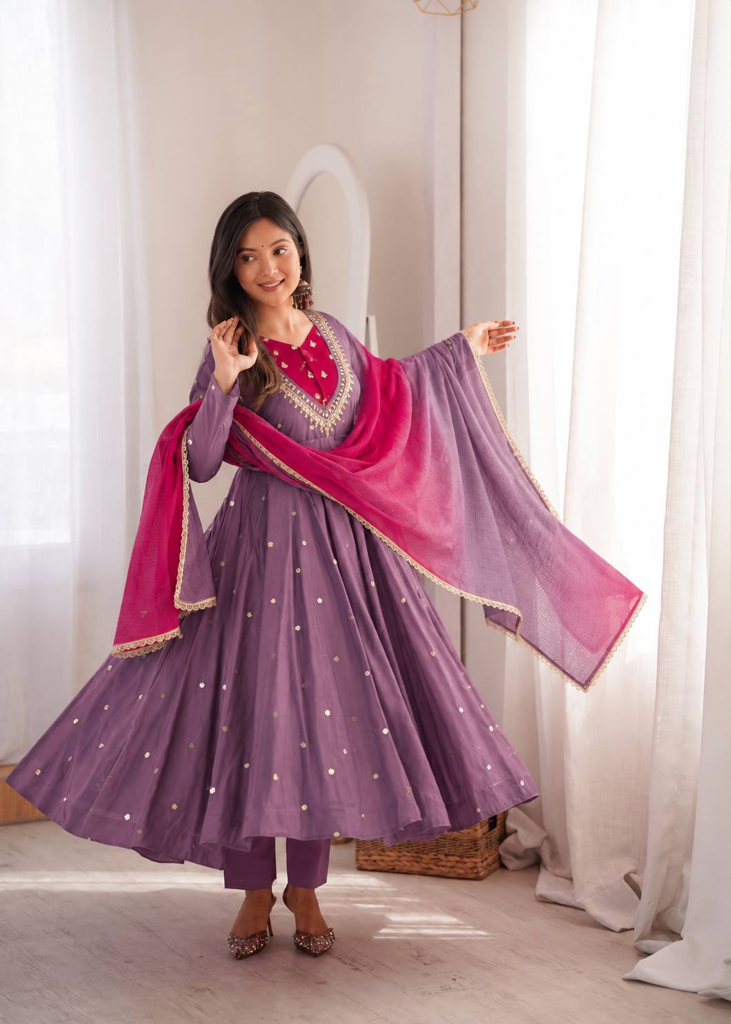 Wine Purple Roman Silk Embroidered Anarkali Gown Set with Mirror Work & Kota Dupatta