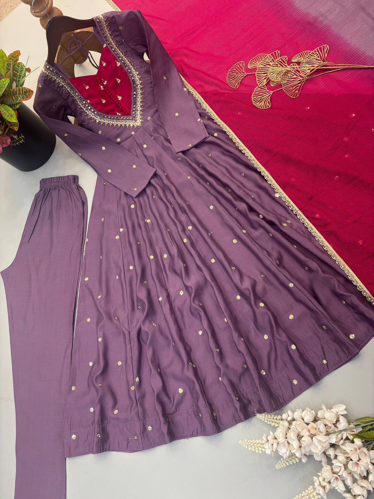 Wine Purple Roman Silk Embroidered Anarkali Gown Set with Mirror Work & Kota Dupatta