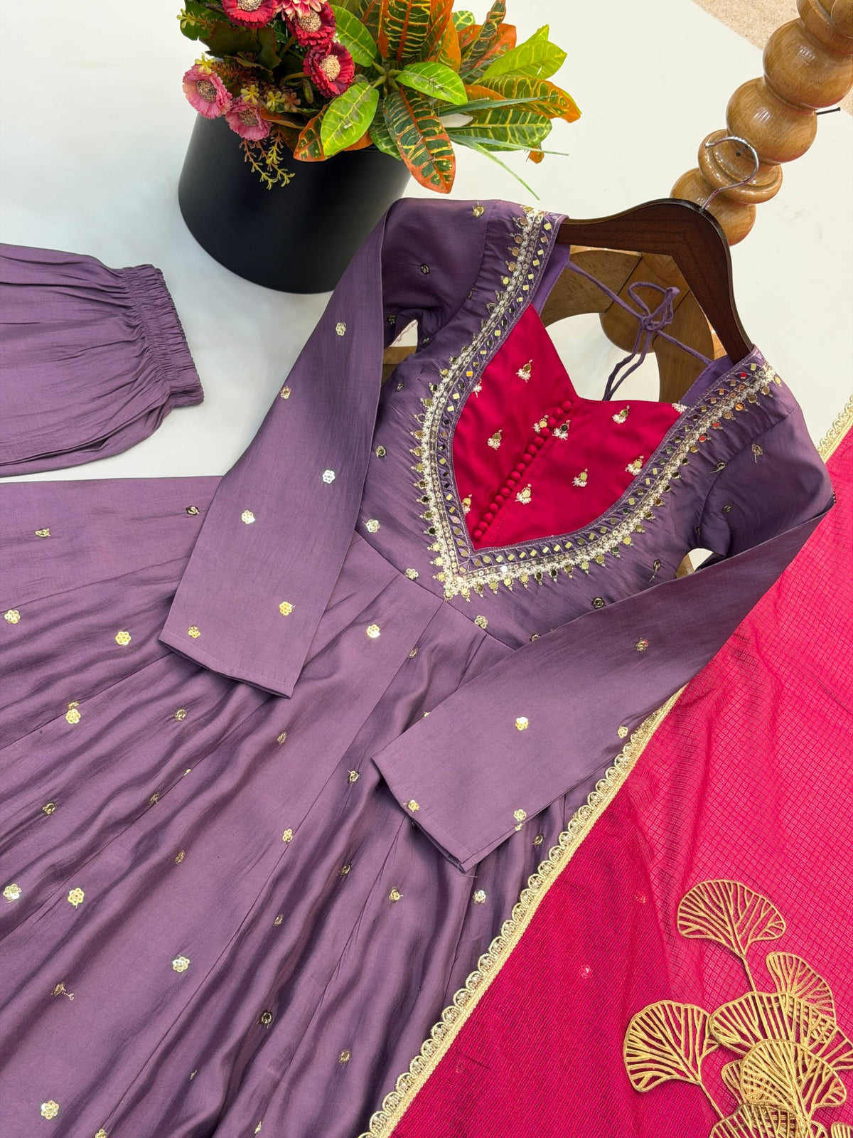 Wine Purple Roman Silk Embroidered Anarkali Gown Set with Mirror Work & Kota Dupatta