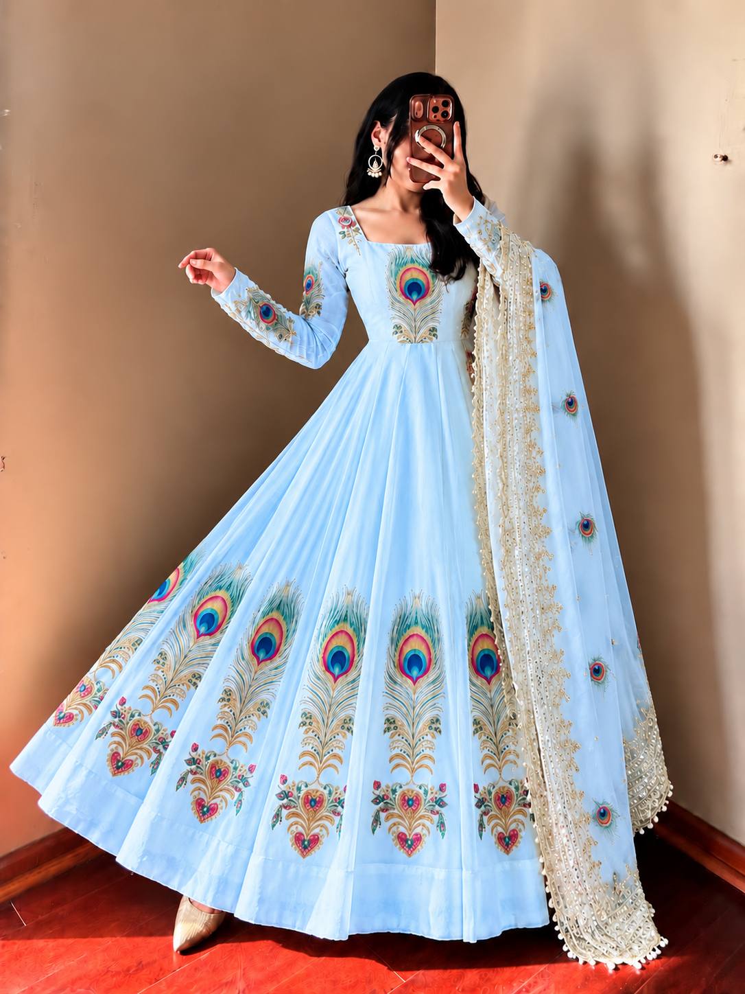 Sky Blue Fendy Silk Printed Anarkali Gown Set with Sequence Dupatta