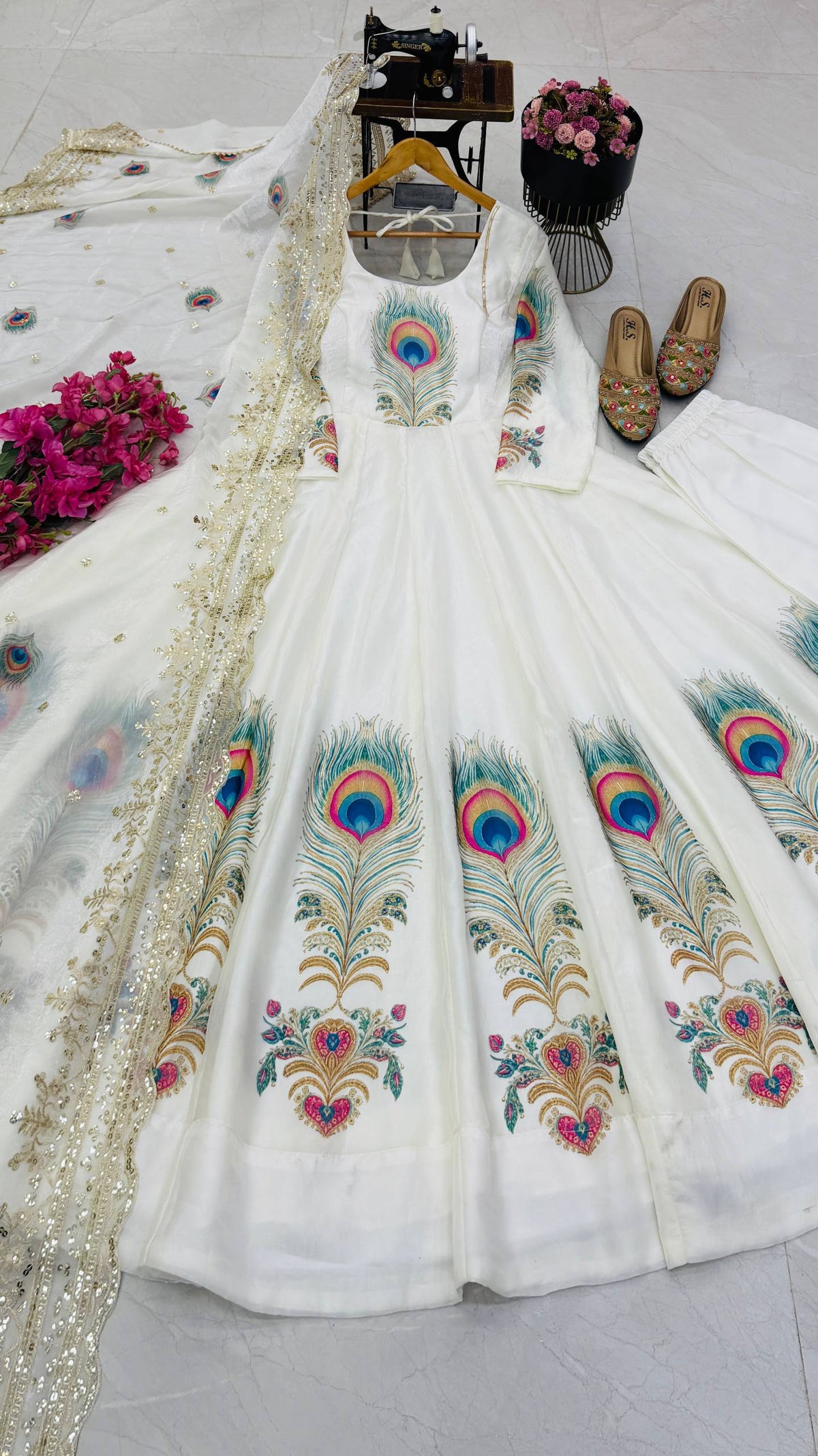 White Fendy Silk Peacock Print Anarkali Gown Set with Sequence Dupatta