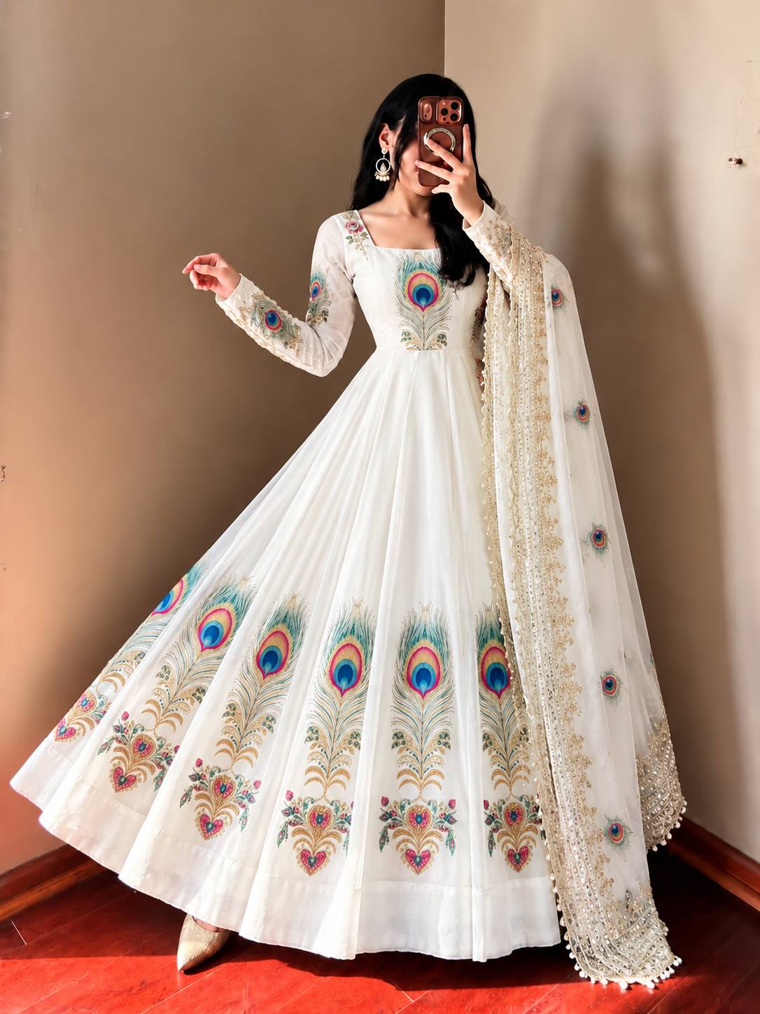 White Fendy Silk Peacock Print Anarkali Gown Set with Sequence Dupatta