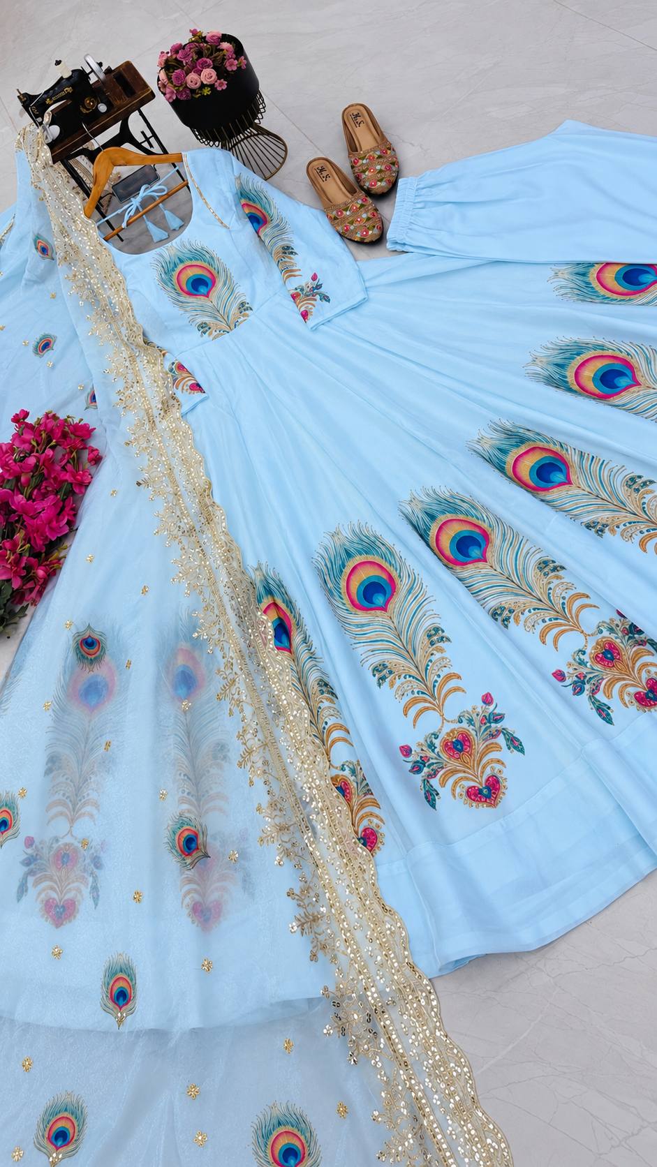 Sky Blue Fendy Silk Printed Anarkali Gown Set with Sequence Dupatta