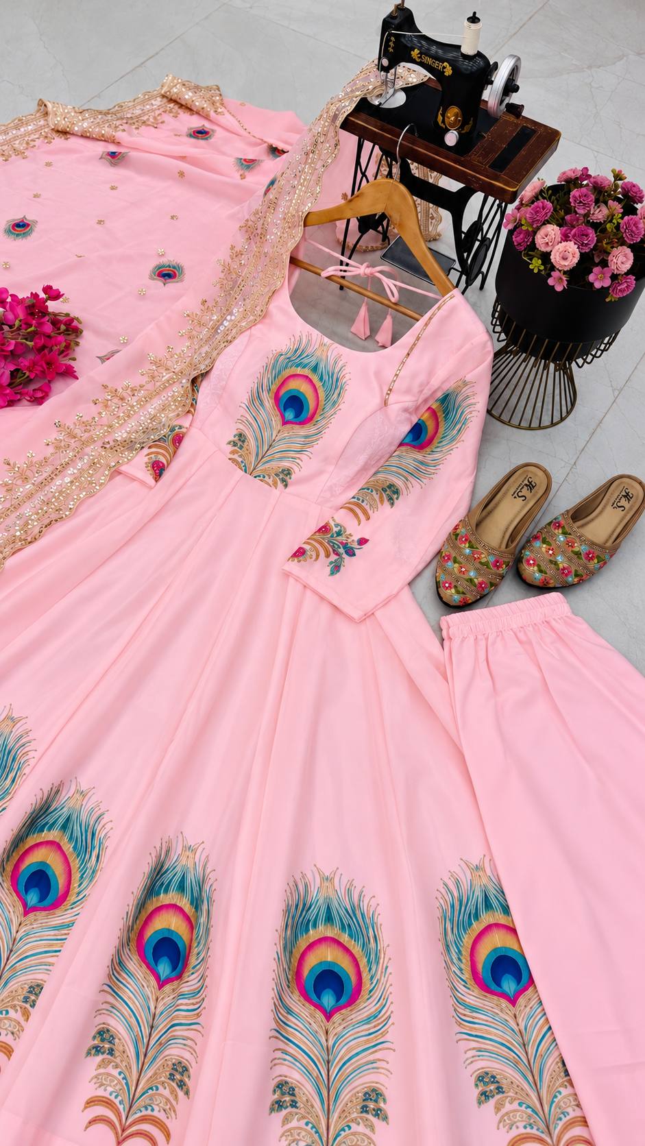 Baby Pink Fendy Silk Printed Peacock Anarkali Gown Set with Dupatta