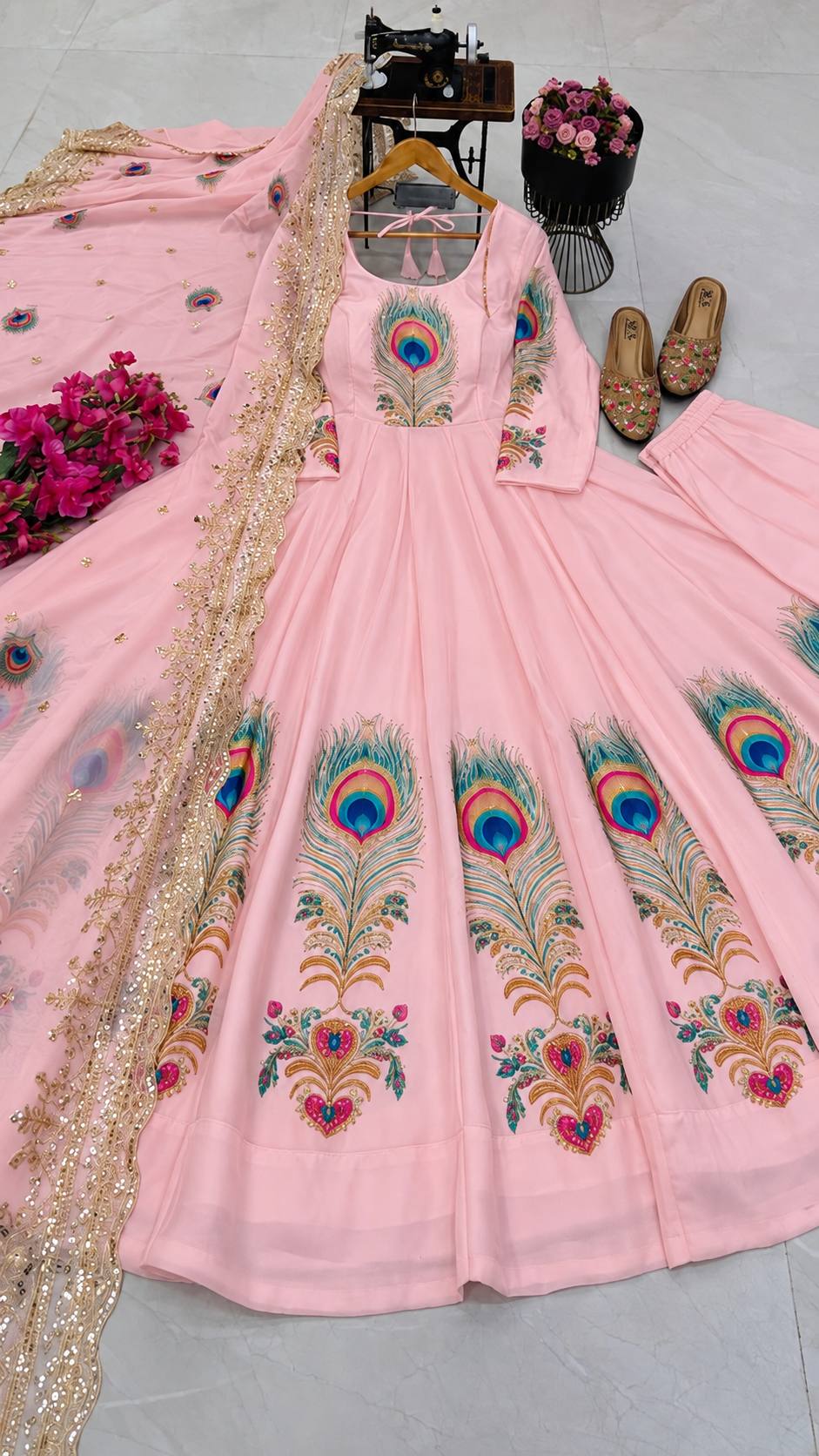 Baby Pink Fendy Silk Printed Peacock Anarkali Gown Set with Dupatta