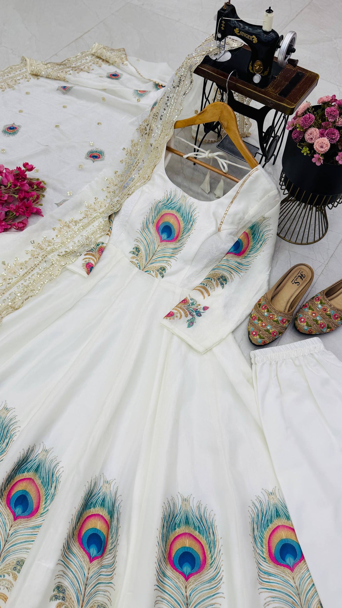 White Fendy Silk Peacock Print Anarkali Gown Set with Sequence Dupatta