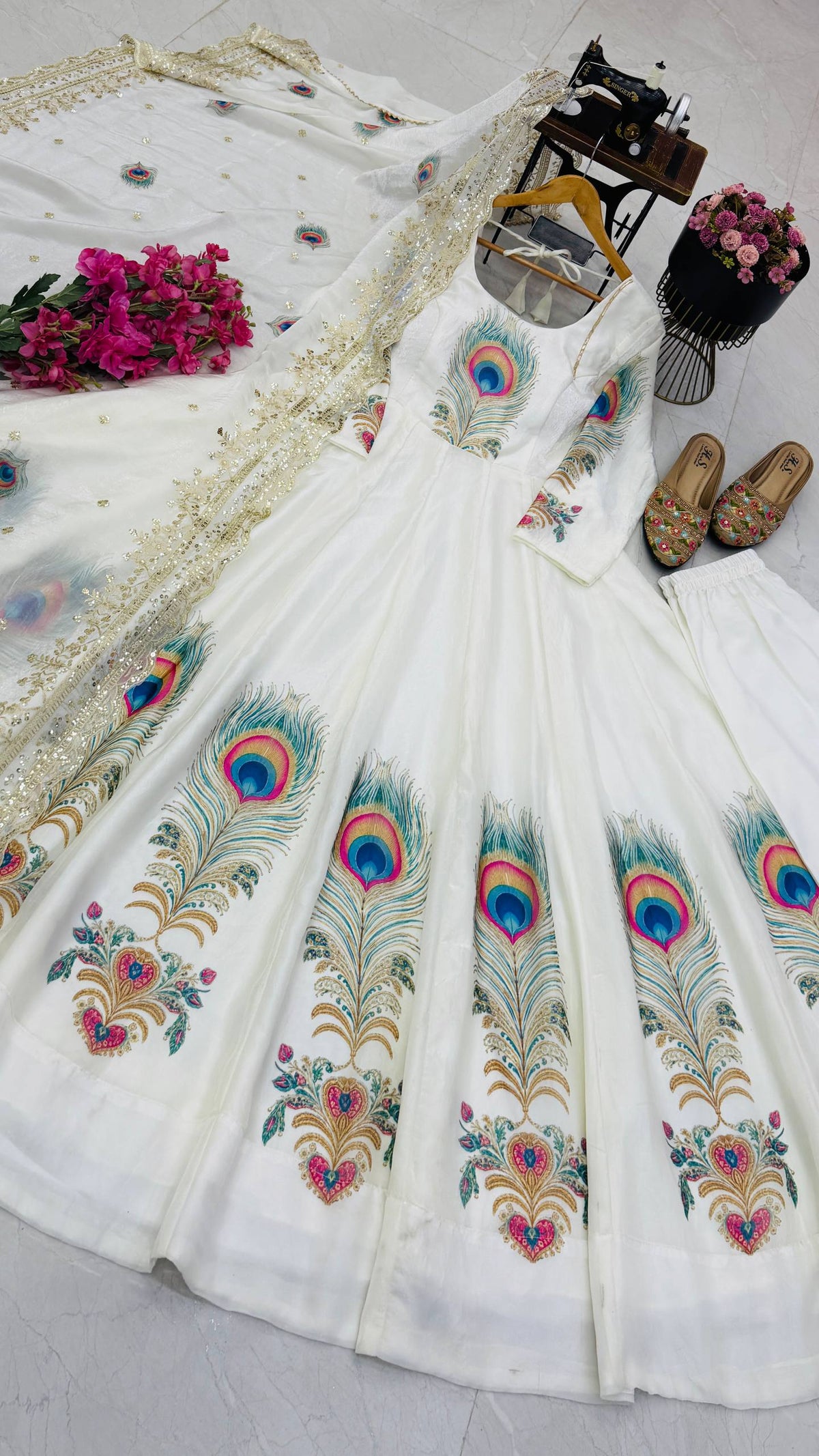 White Fendy Silk Peacock Print Anarkali Gown Set with Sequence Dupatta