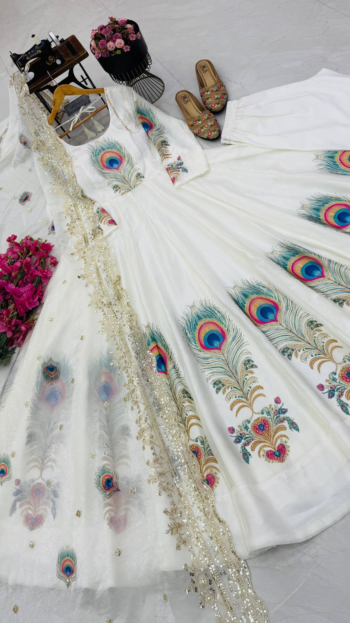 White Fendy Silk Peacock Print Anarkali Gown Set with Sequence Dupatta
