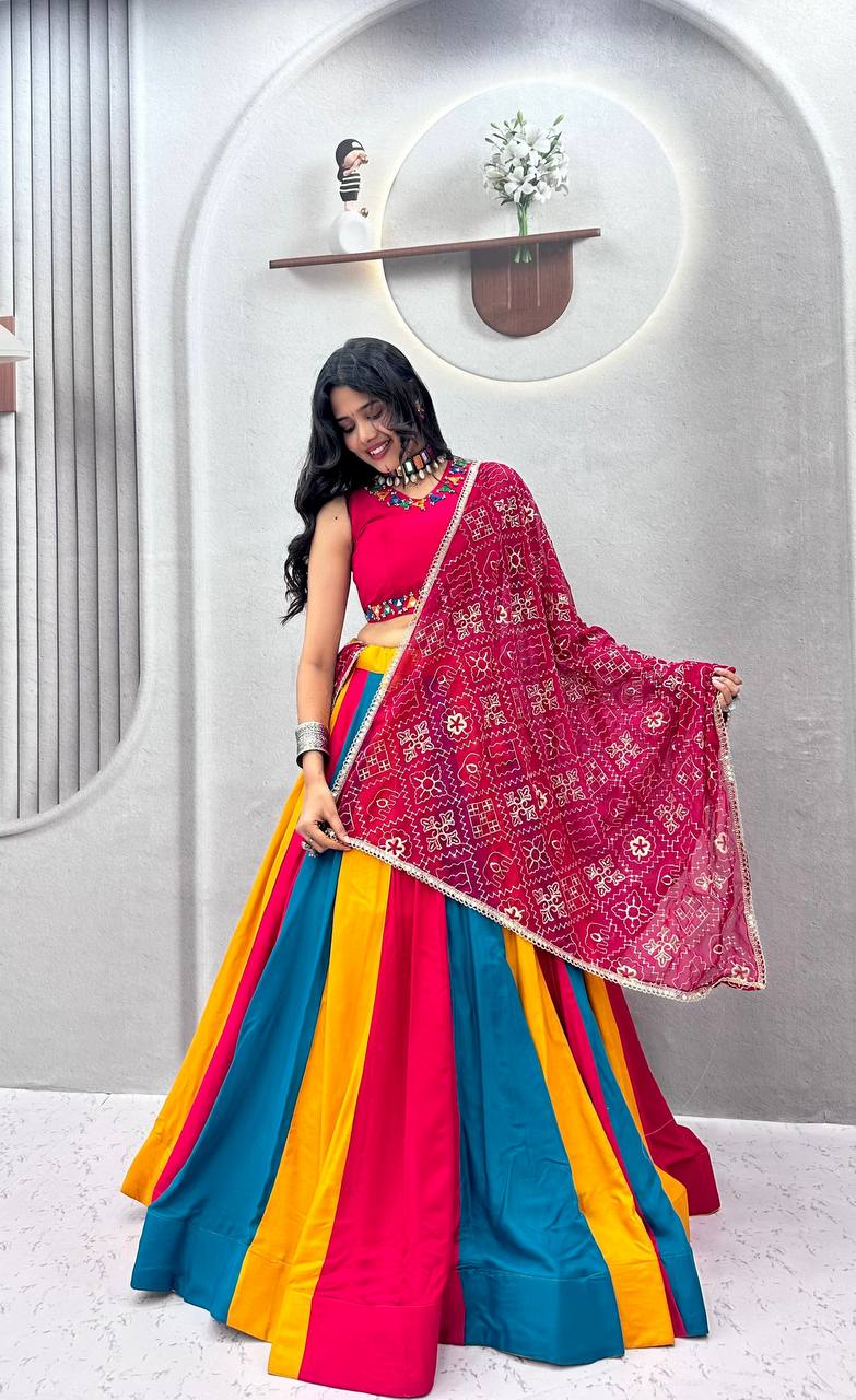 Rani Pink Multicolor Navratri Cotton Lehenga Choli with Embroidered Fox Georgette Dupatta