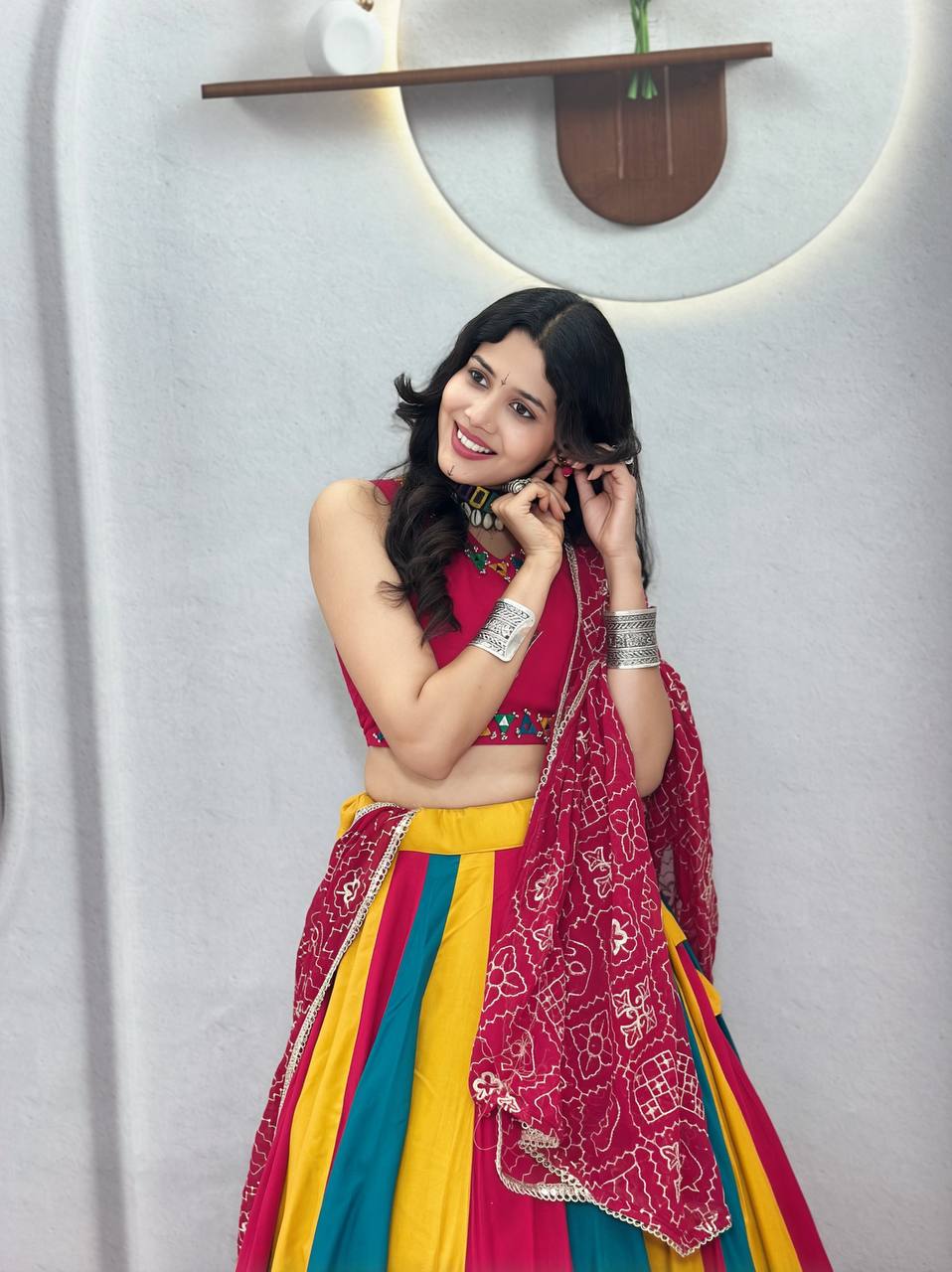 Rani Pink Multicolor Navratri Cotton Lehenga Choli with Embroidered Fox Georgette Dupatta