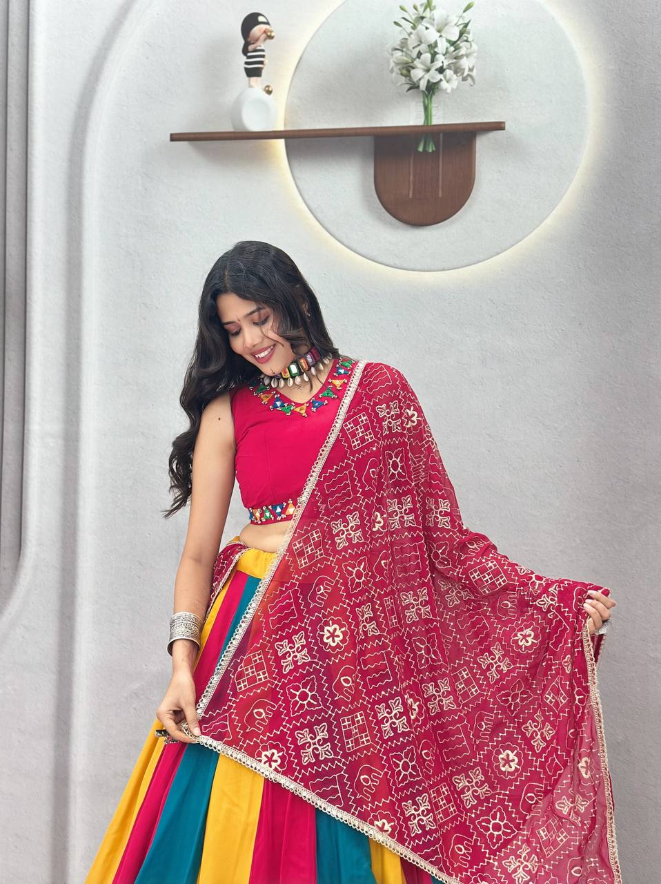Rani Pink Multicolor Navratri Cotton Lehenga Choli with Embroidered Fox Georgette Dupatta