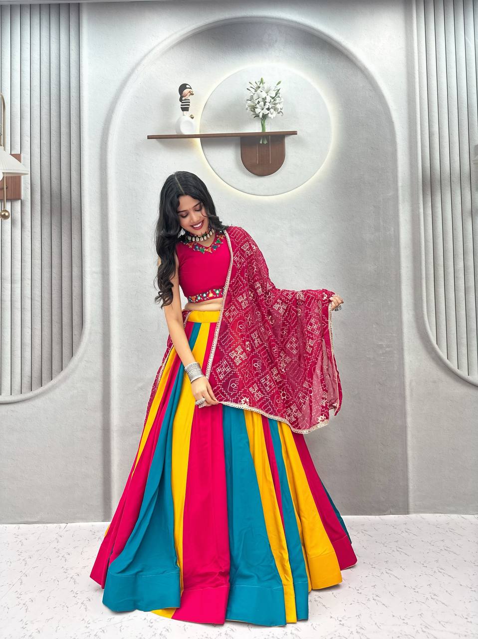 Rani Pink Multicolor Navratri Cotton Lehenga Choli with Embroidered Fox Georgette Dupatta
