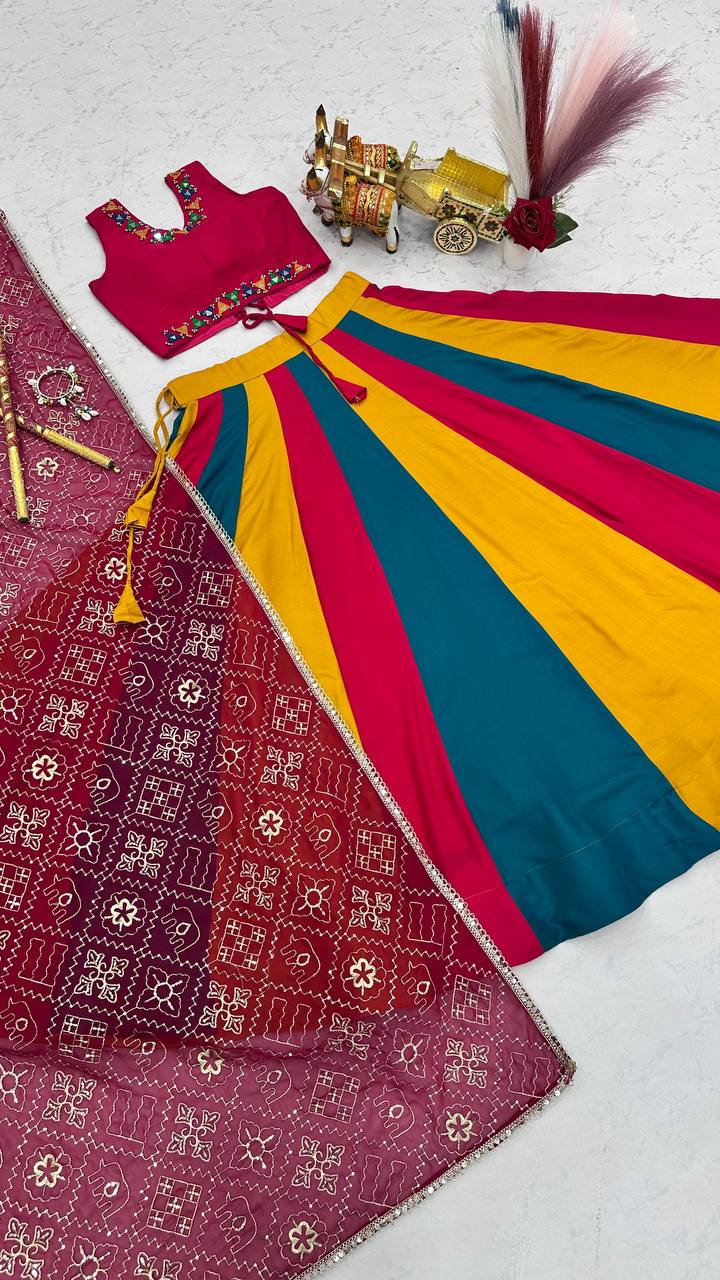 Rani Pink Multicolor Navratri Cotton Lehenga Choli with Embroidered Fox Georgette Dupatta
