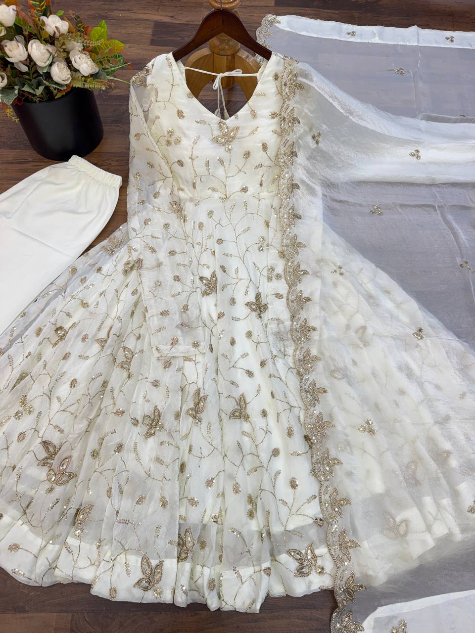 Ivory White Fendy Silk Embroidered Anarkali Gown Set with Dupatta
