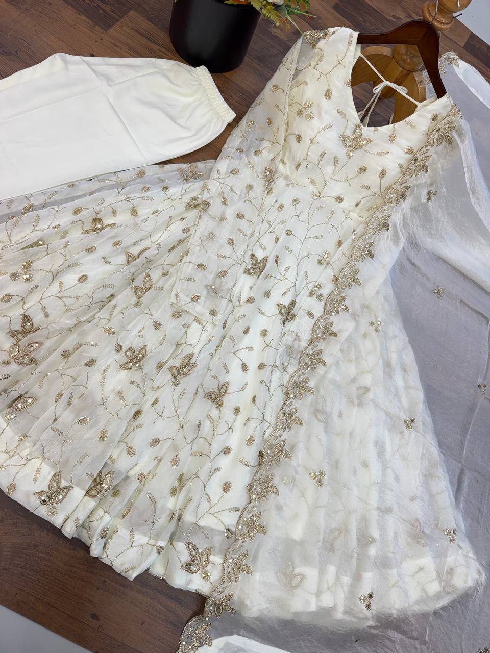 Ivory White Fendy Silk Embroidered Anarkali Gown Set with Dupatta