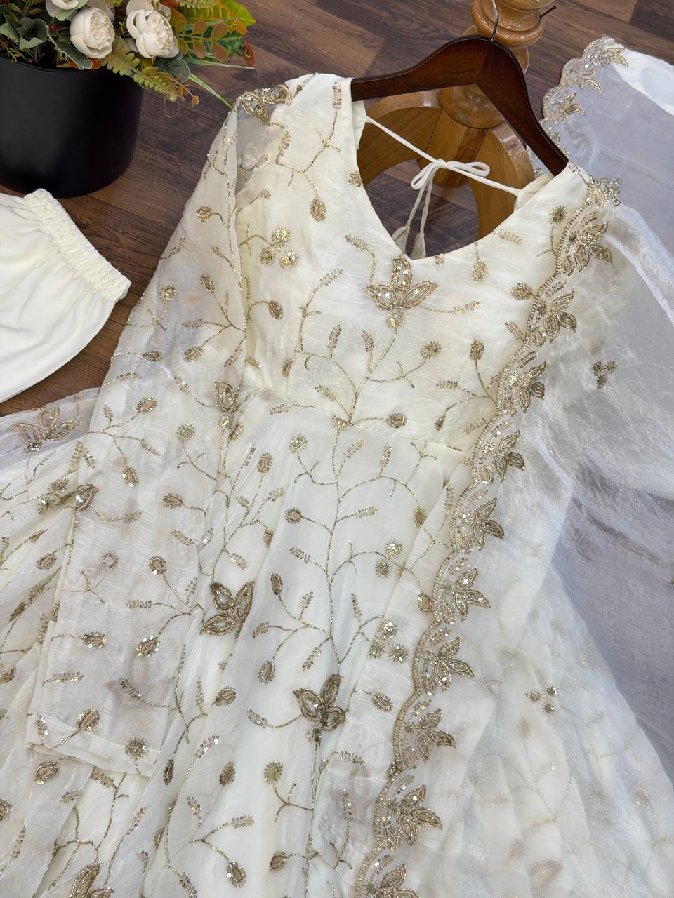 Ivory White Fendy Silk Embroidered Anarkali Gown Set with Dupatta