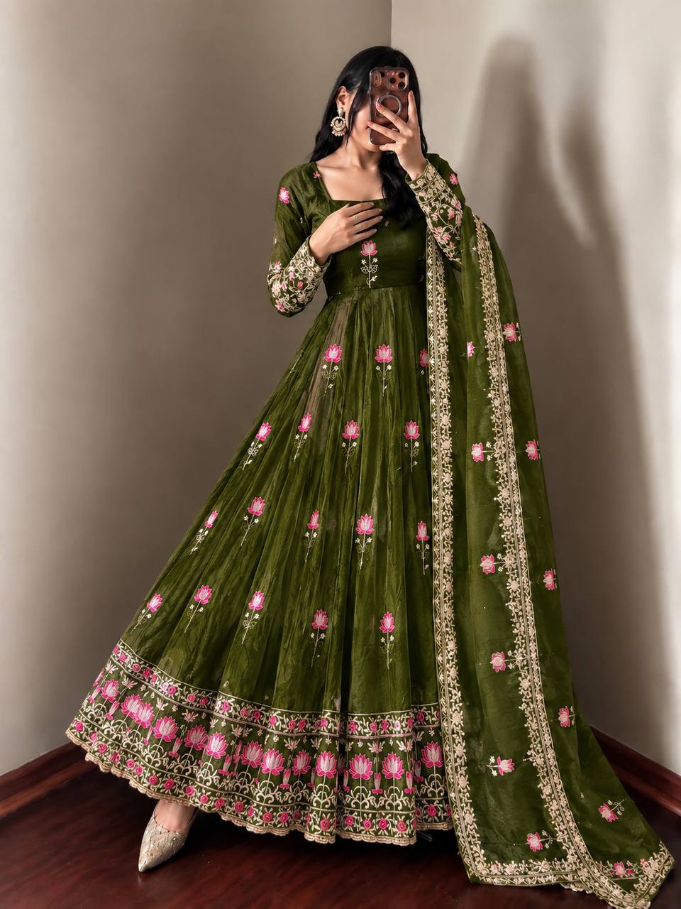 Olive Green Fendy Silk Embroidered Anarkali Gown Set with Dupatta