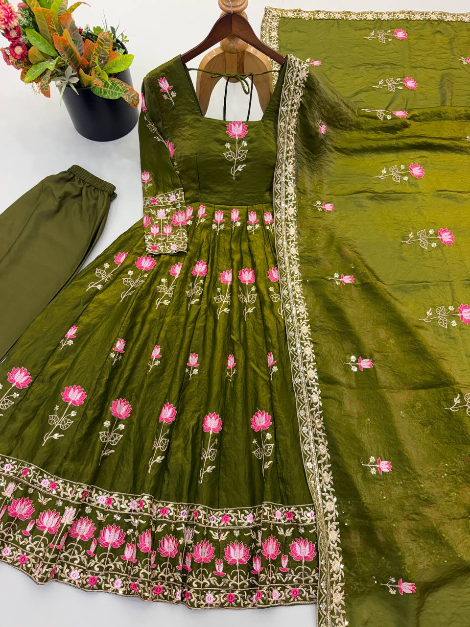 Olive Green Fendy Silk Embroidered Anarkali Gown Set with Dupatta