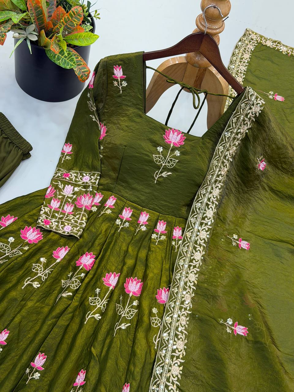 Olive Green Fendy Silk Embroidered Anarkali Gown Set with Dupatta