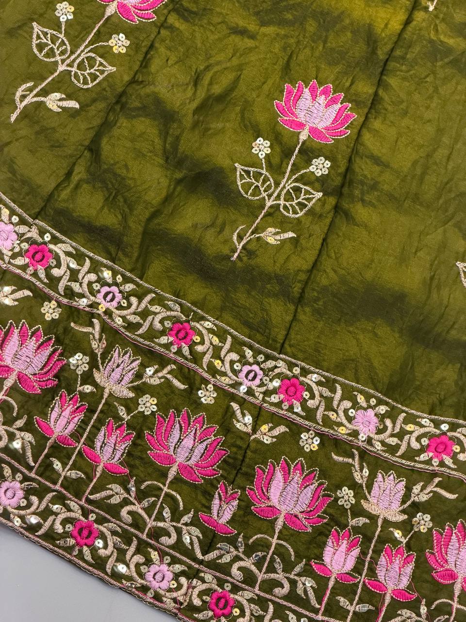 Olive Green Fendy Silk Embroidered Anarkali Gown Set with Dupatta