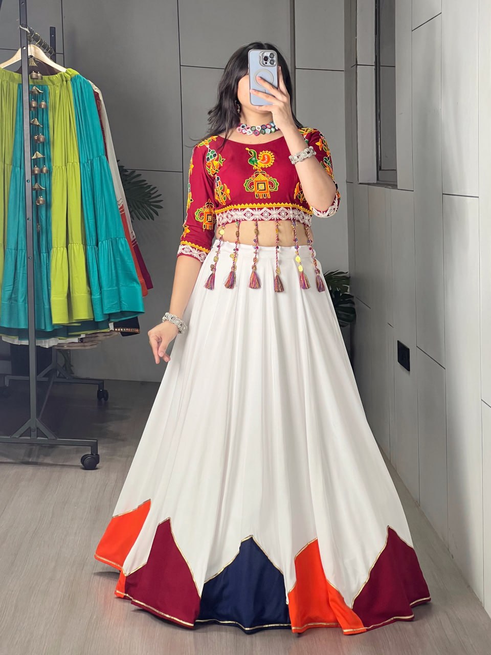 White & Maroon Navratri Lehenga Choli with Traditional Dori Latkan Work