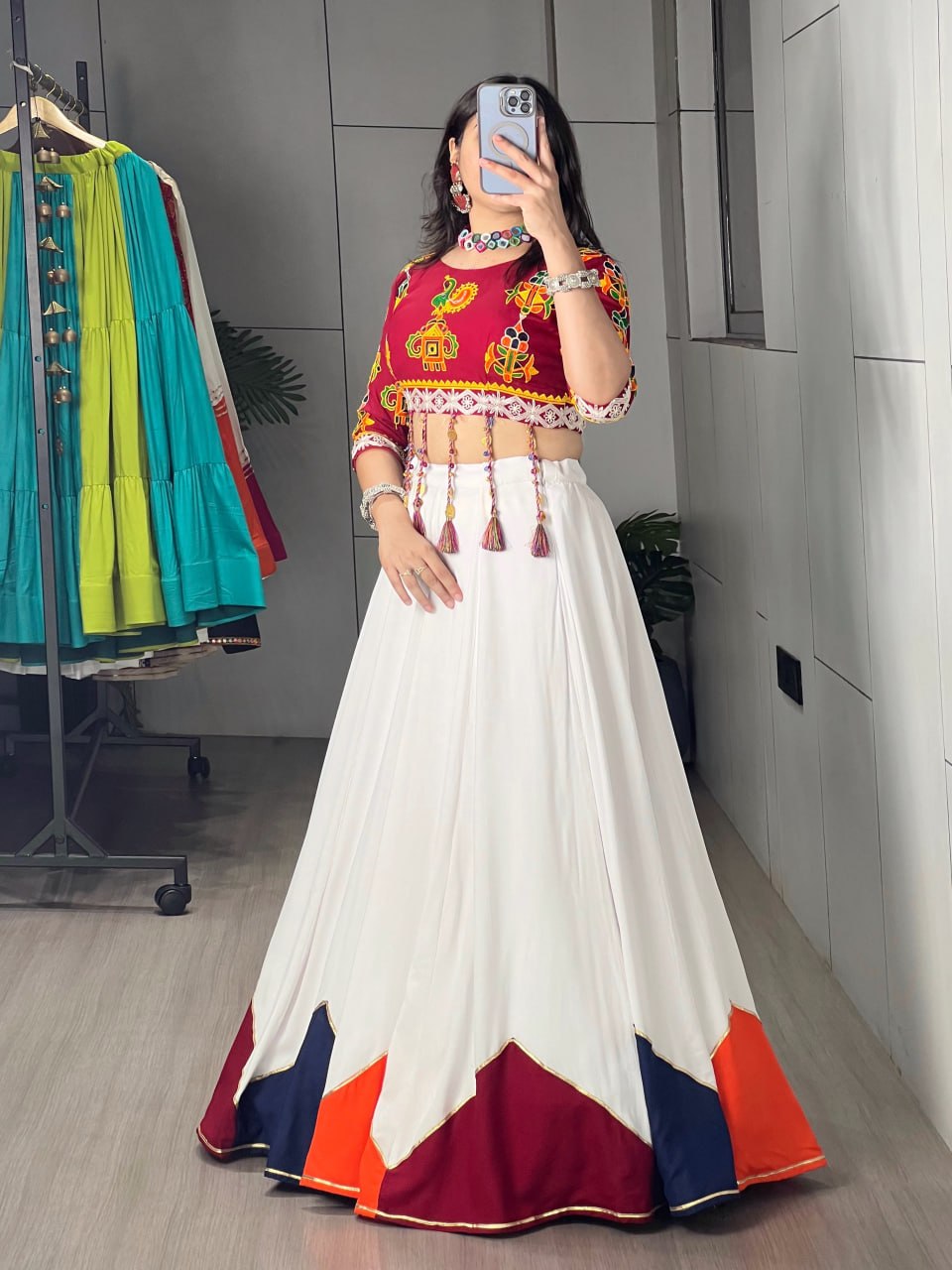 White & Maroon Navratri Lehenga Choli with Traditional Dori Latkan Work