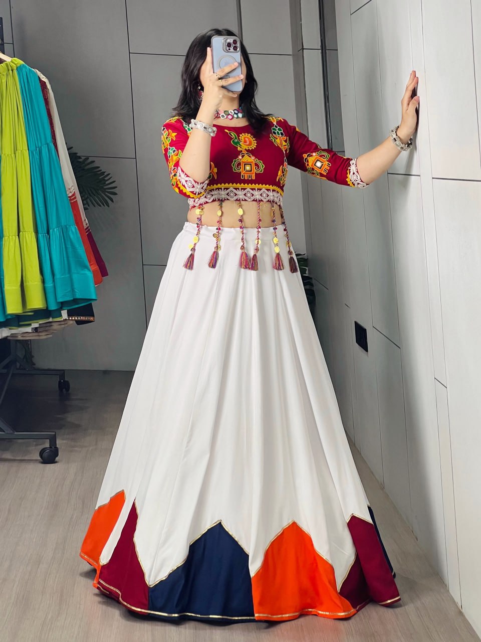 White & Maroon Navratri Lehenga Choli with Traditional Dori Latkan Work