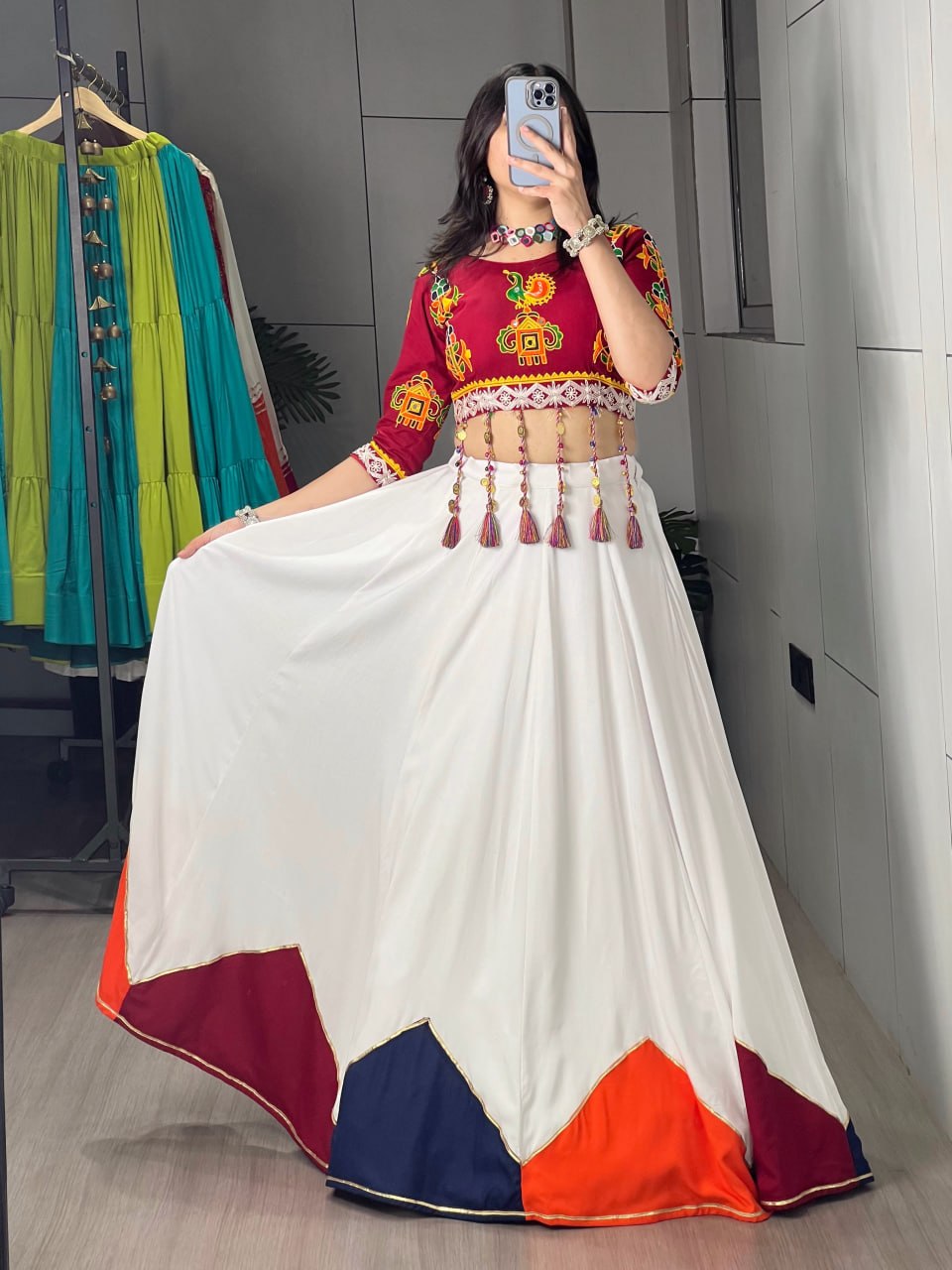 White & Maroon Navratri Lehenga Choli with Traditional Dori Latkan Work