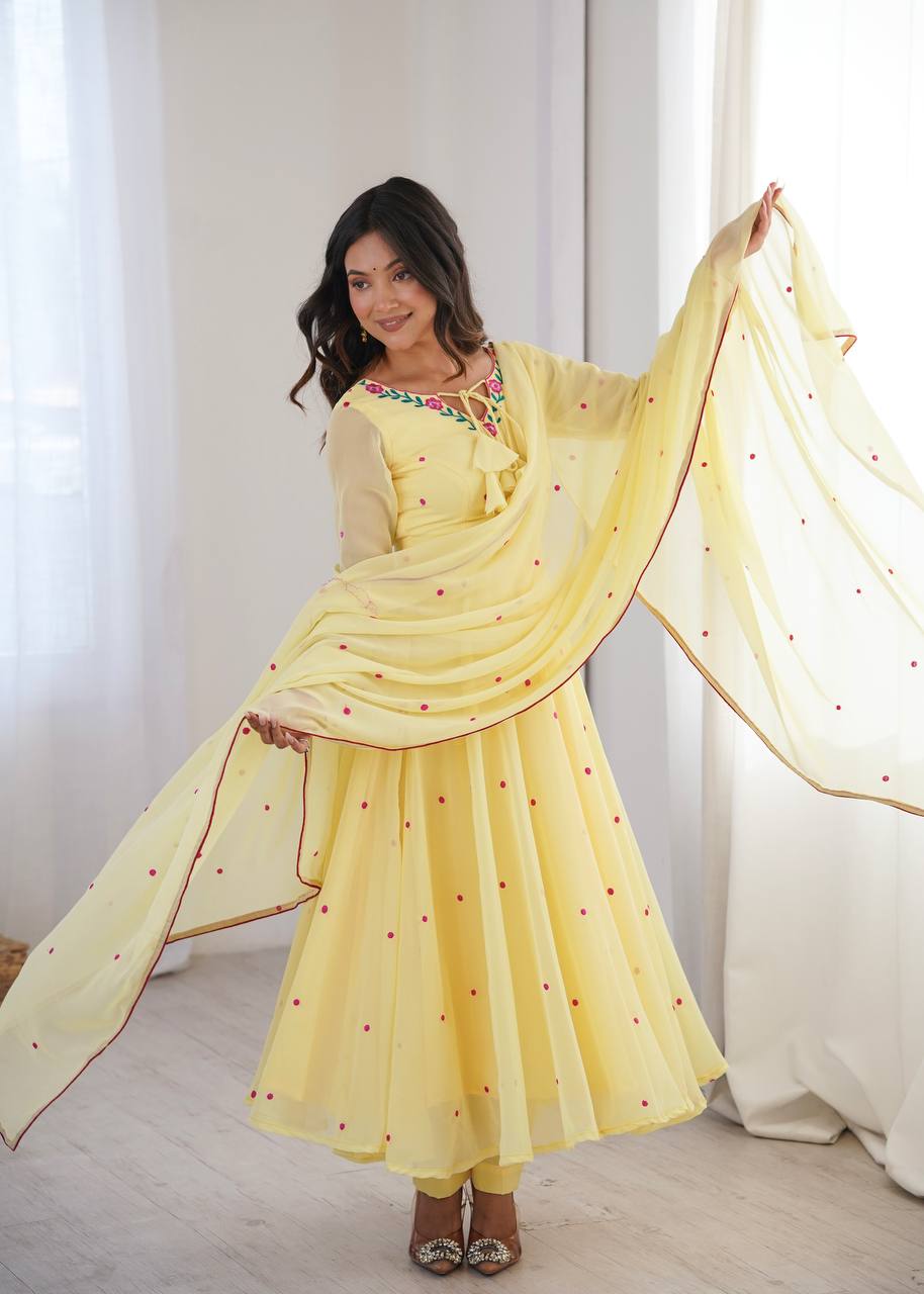 Lemon Yellow Faux Georgette Embroidered Anarkali Suit Set with Dupatta