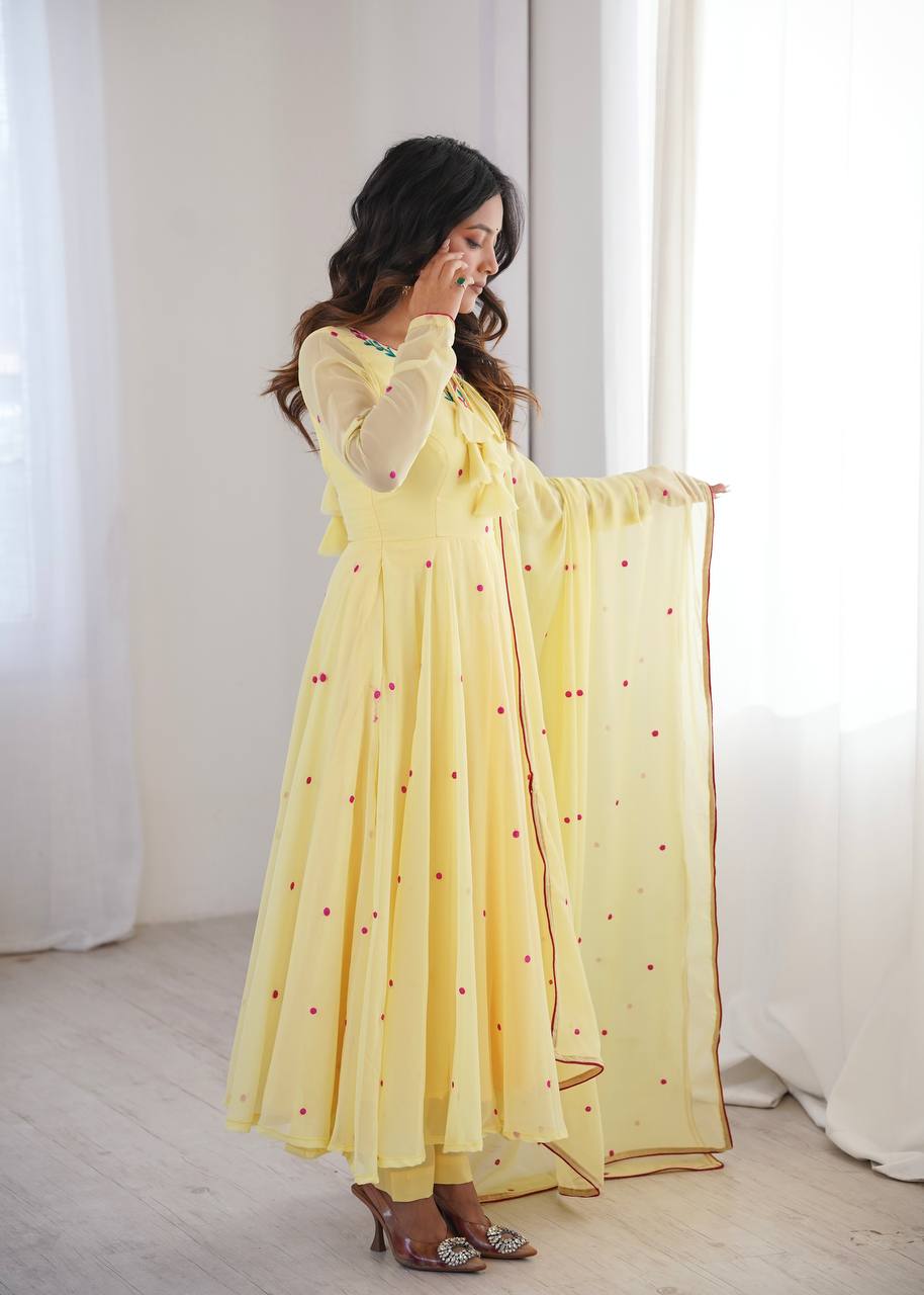 Lemon Yellow Faux Georgette Embroidered Anarkali Suit Set with Dupatta