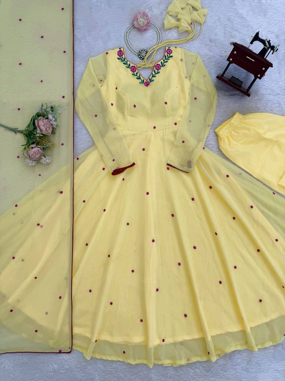 Lemon Yellow Faux Georgette Embroidered Anarkali Suit Set with Dupatta
