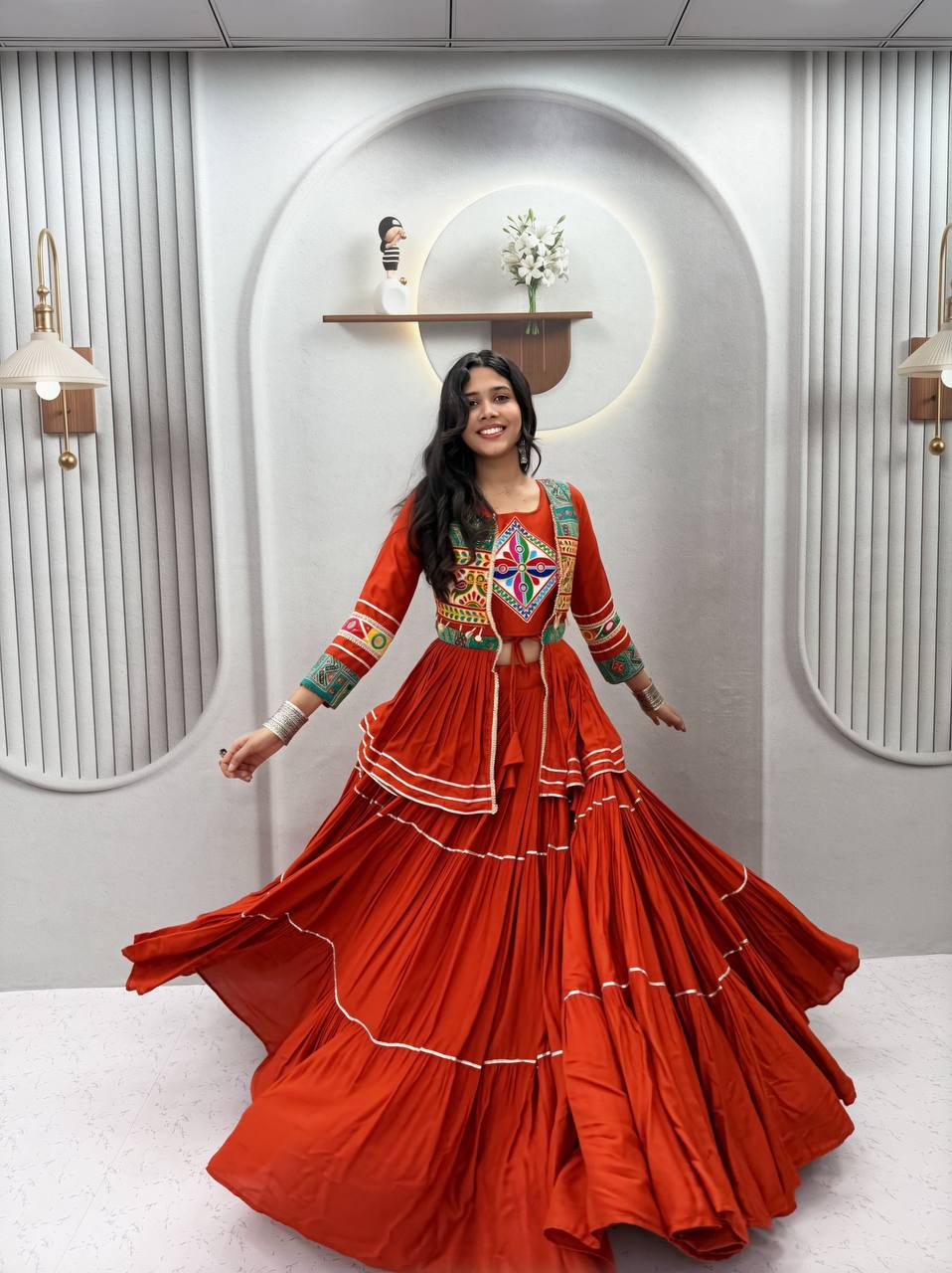 Rust Orange Navratri Gamthi Work Cotton Lehenga Choli with Koti