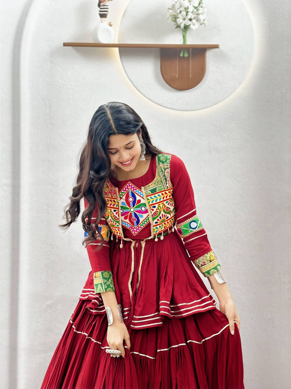 Wine Red Navratri Gamthi Work Cotton Lehenga Choli with Koti