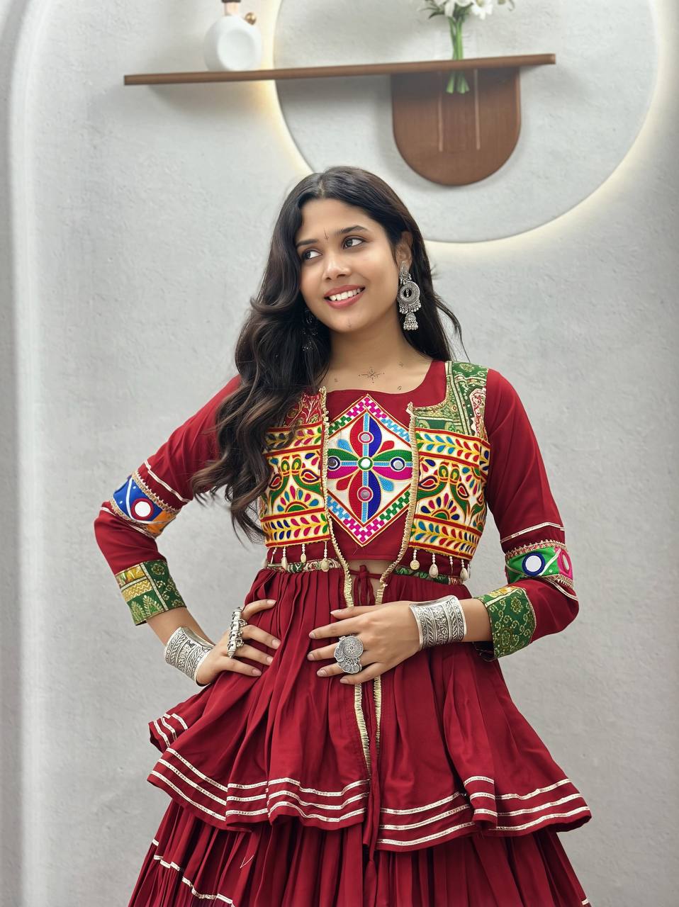 Wine Red Navratri Gamthi Work Cotton Lehenga Choli with Koti