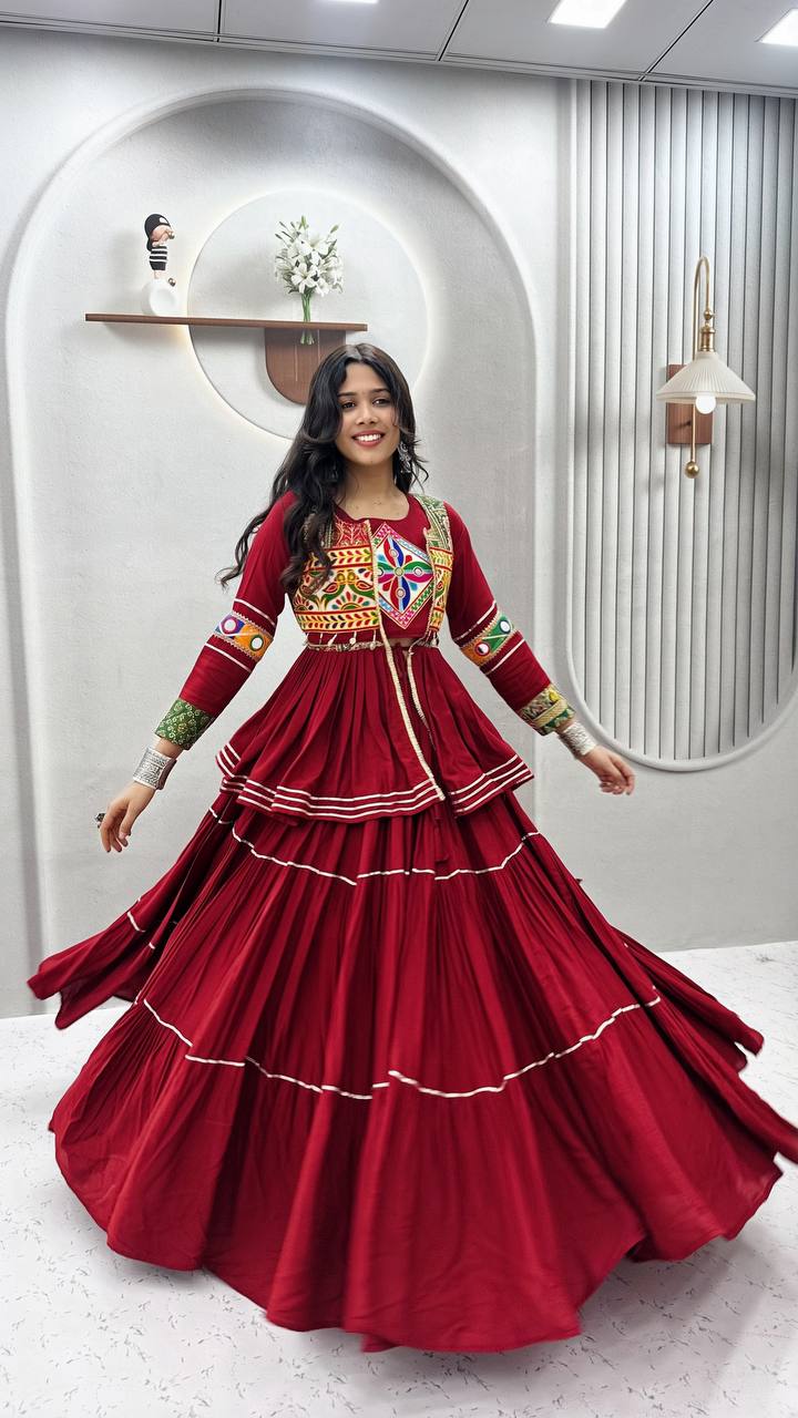 Wine Red Navratri Gamthi Work Cotton Lehenga Choli with Koti
